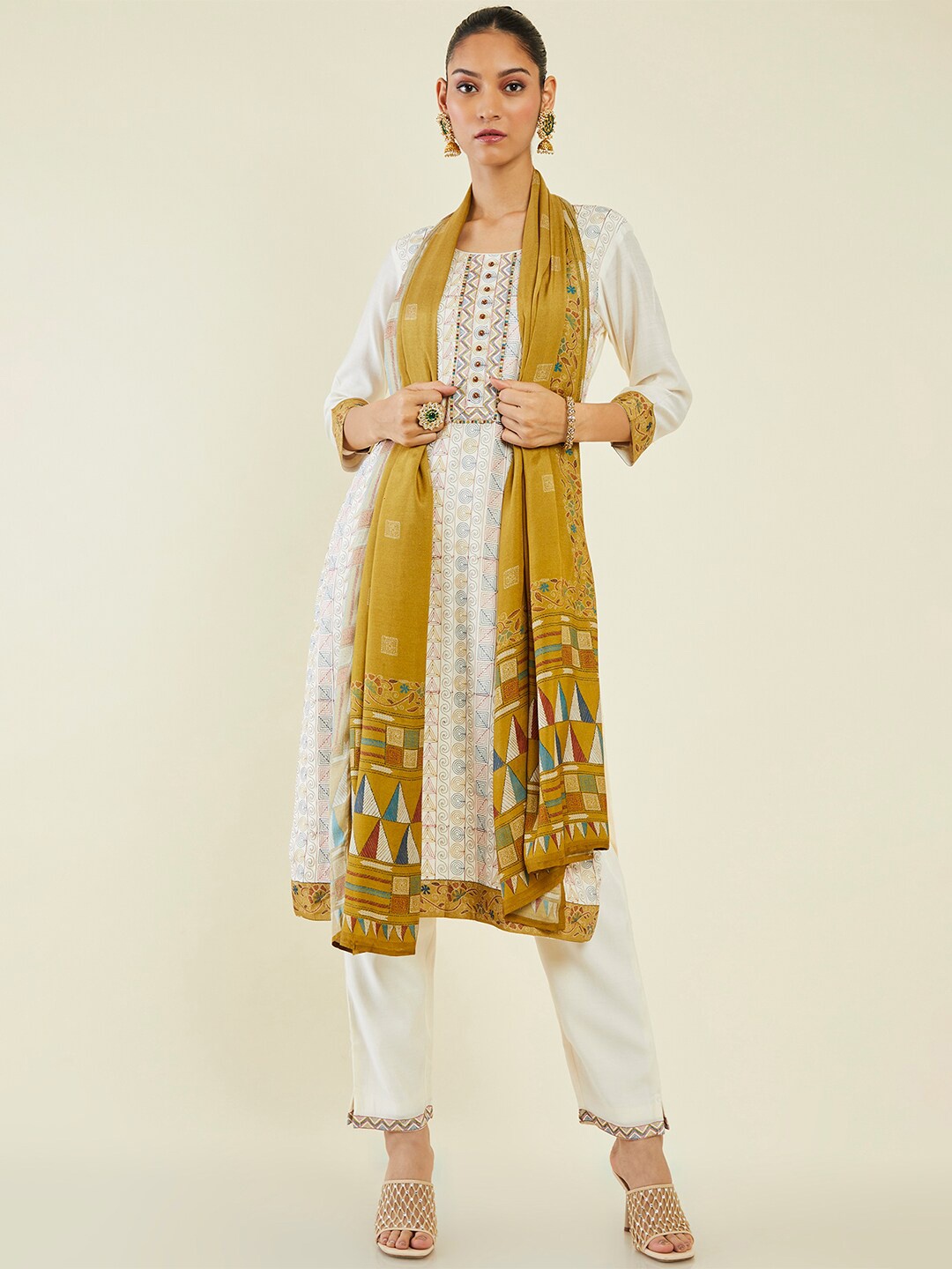 

Soch Embroidered Straight Kurta with Trousers & Dupatta, Off white