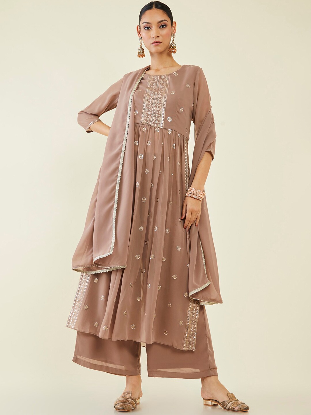 

Soch Floral Embroidered Pleated Kurta with Palazzos & Dupatta, Brown