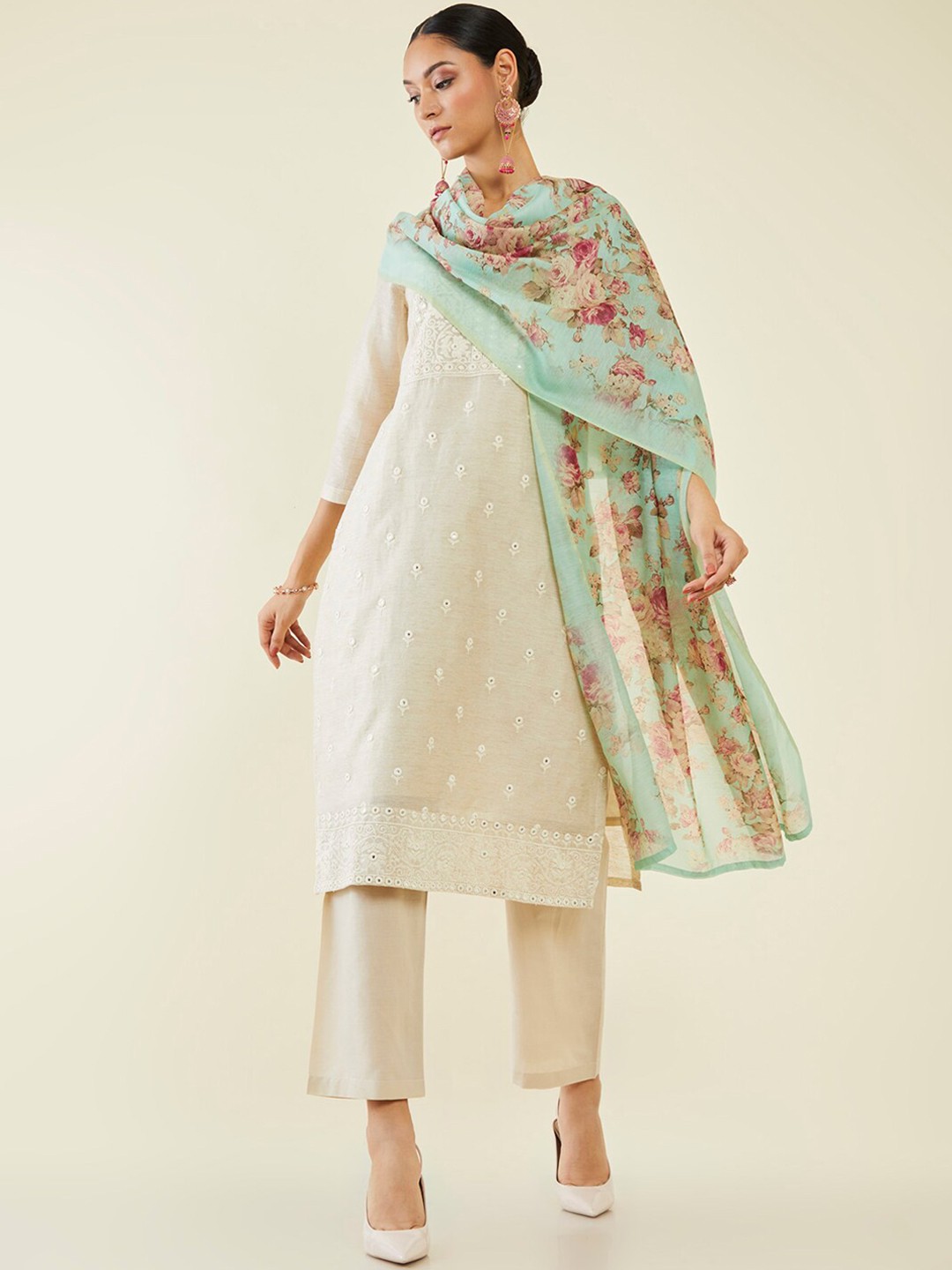 

Soch Floral Embroidered Mirror Work Kurta with Trousers & Dupatta, Beige