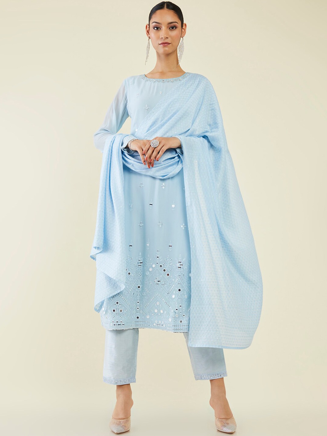 

Soch Mirror Work Embroidered Kurta with Trousers & Dupatta, Blue