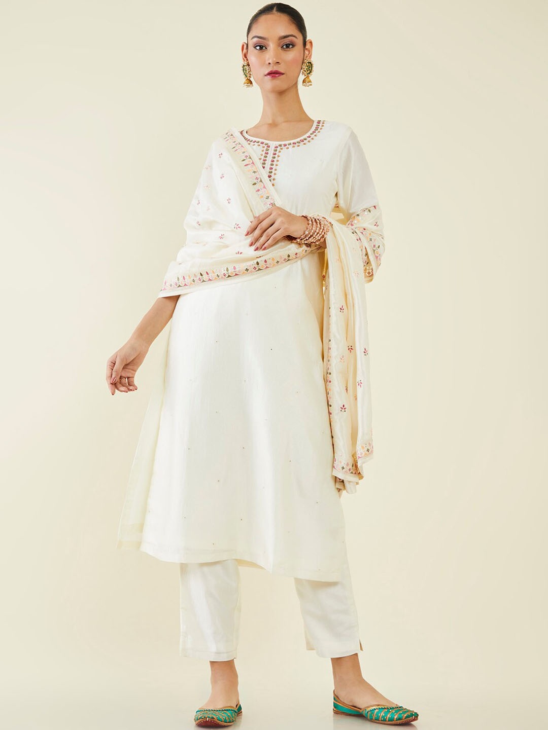 

Soch Embroidered Beads and Stones Kurta with Trousers & Dupatta, Off white