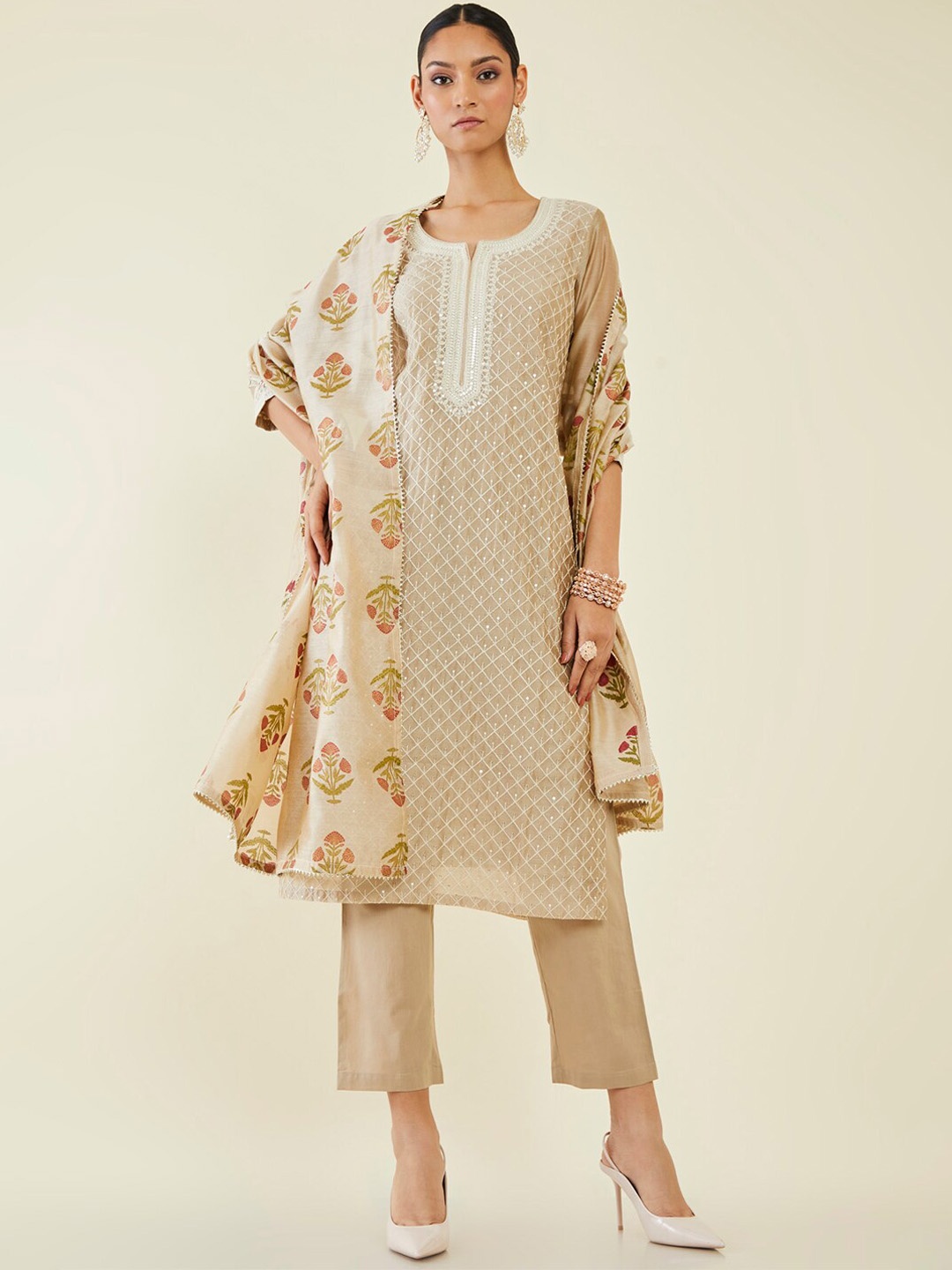

Soch Sequin Embroidered Kurta with Trousers & Dupatta, Beige