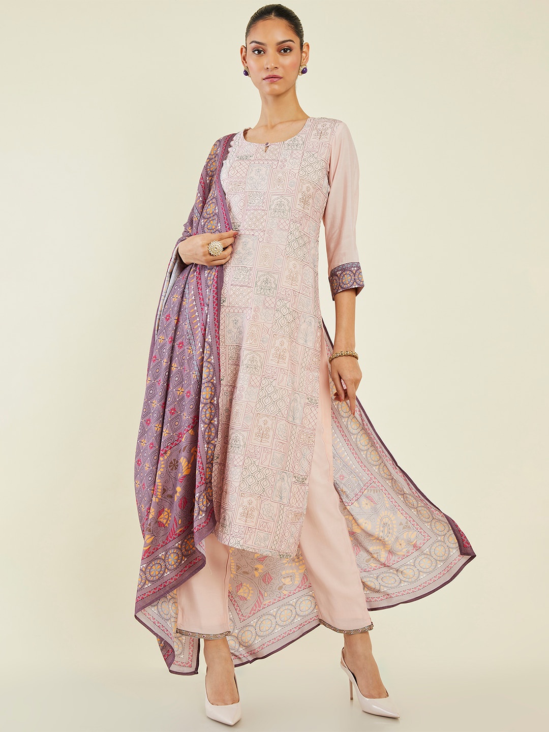 Soch Printed Straight Kurta with Trousers & Dupatta, Peach
