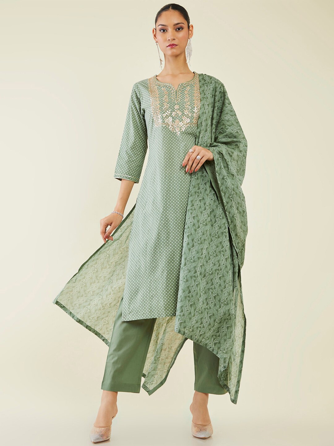 

Soch Printed Gotta Patti Pure Cotton Kurta with Trousers & Dupatta, Green