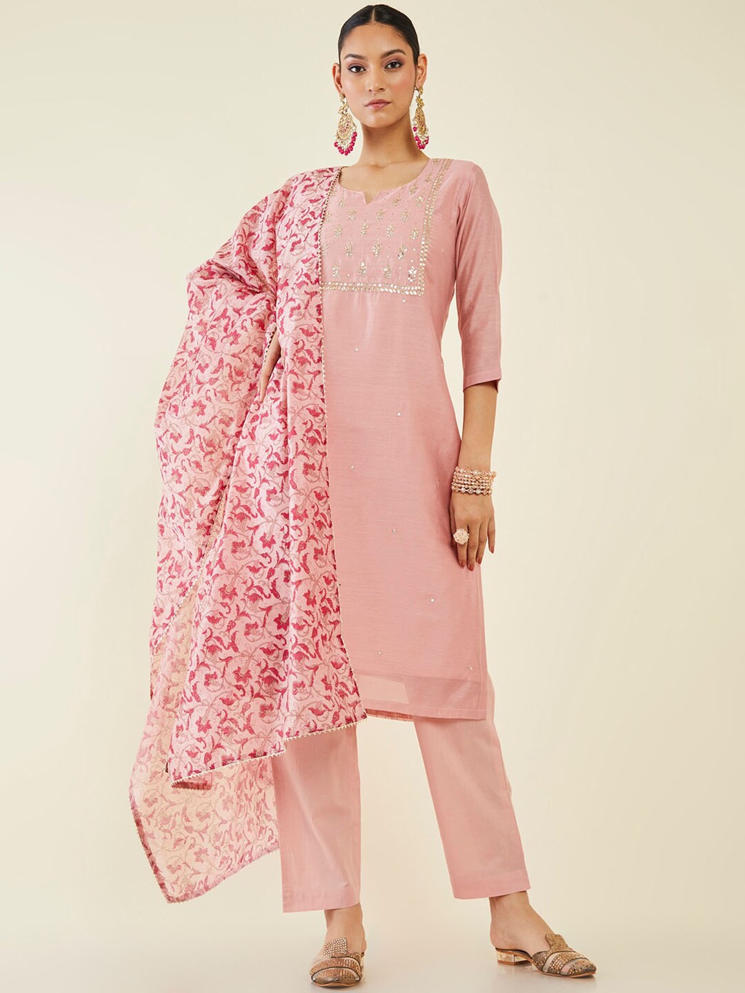

Soch Gotta Patti Work Straight Kurta with Trousers & Dupatta, Peach
