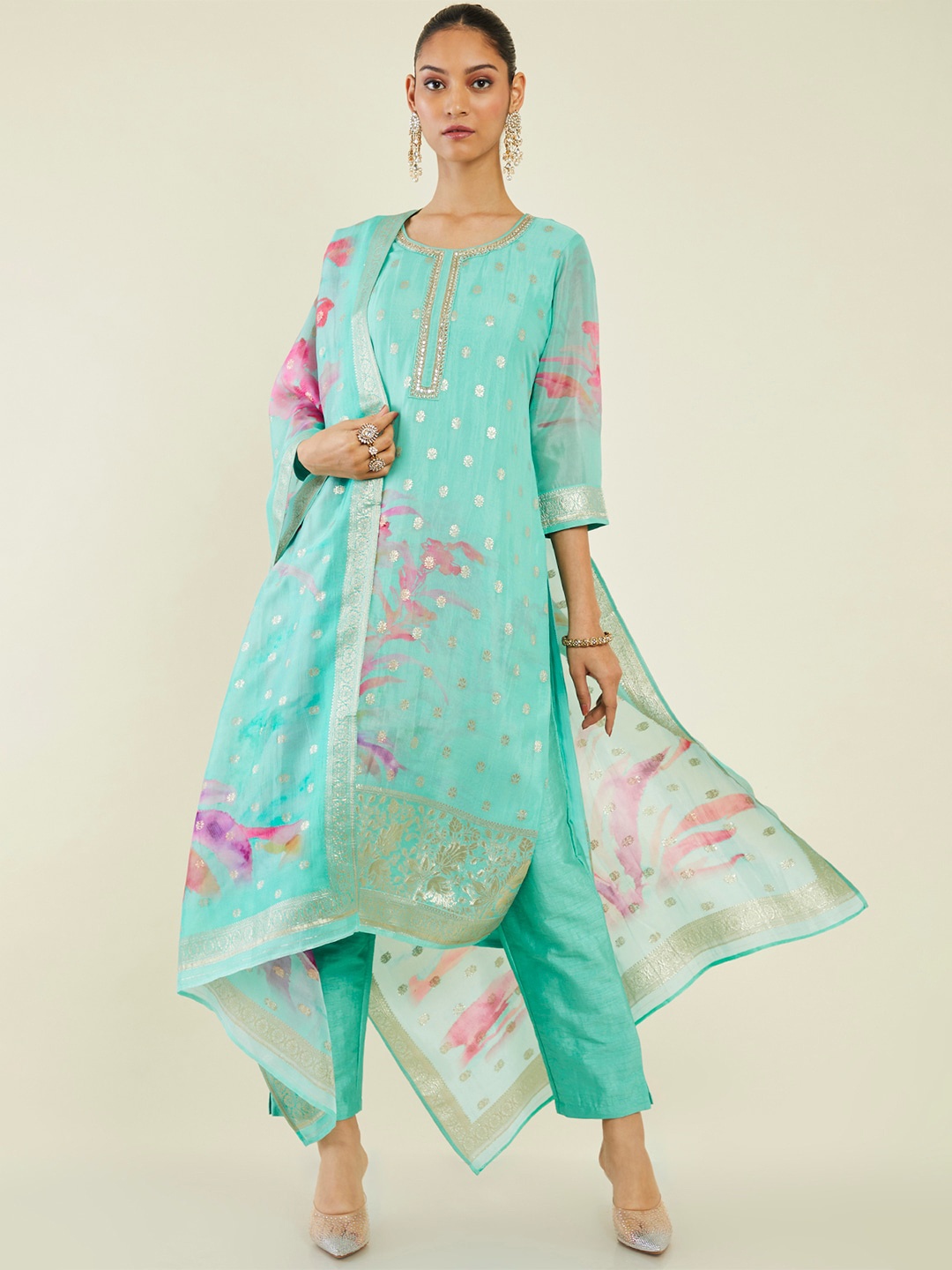 

Soch Floral Printed Kurta with Trousers & Dupatta, Turquoise blue