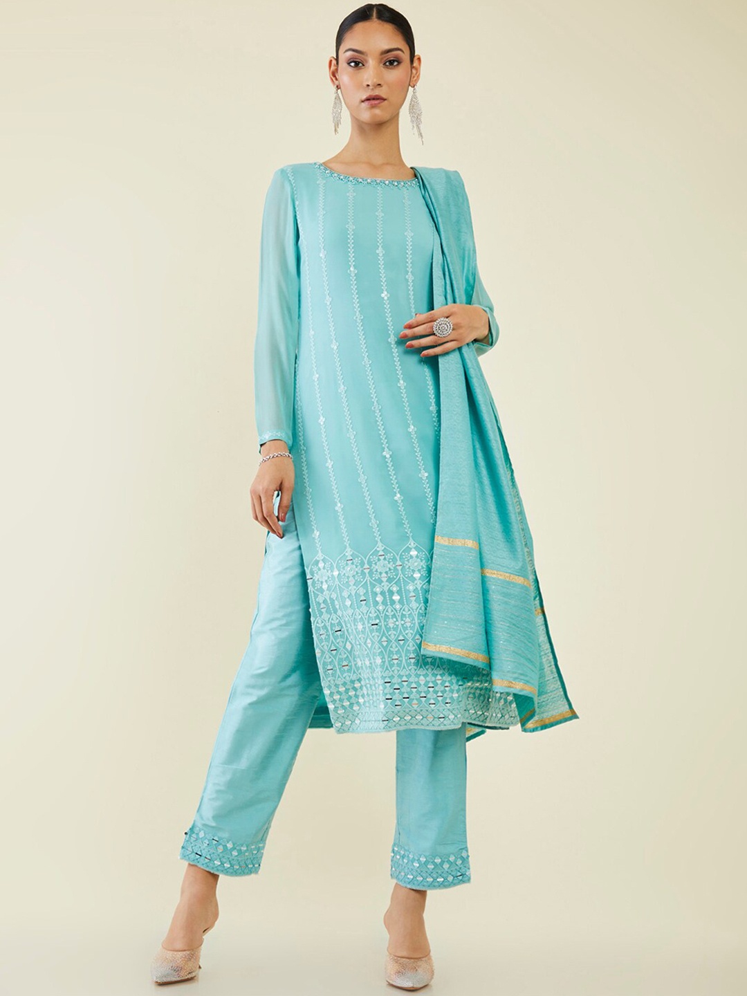 

Soch Embroidered Straight Kurta with Trousers & Dupatta, Blue