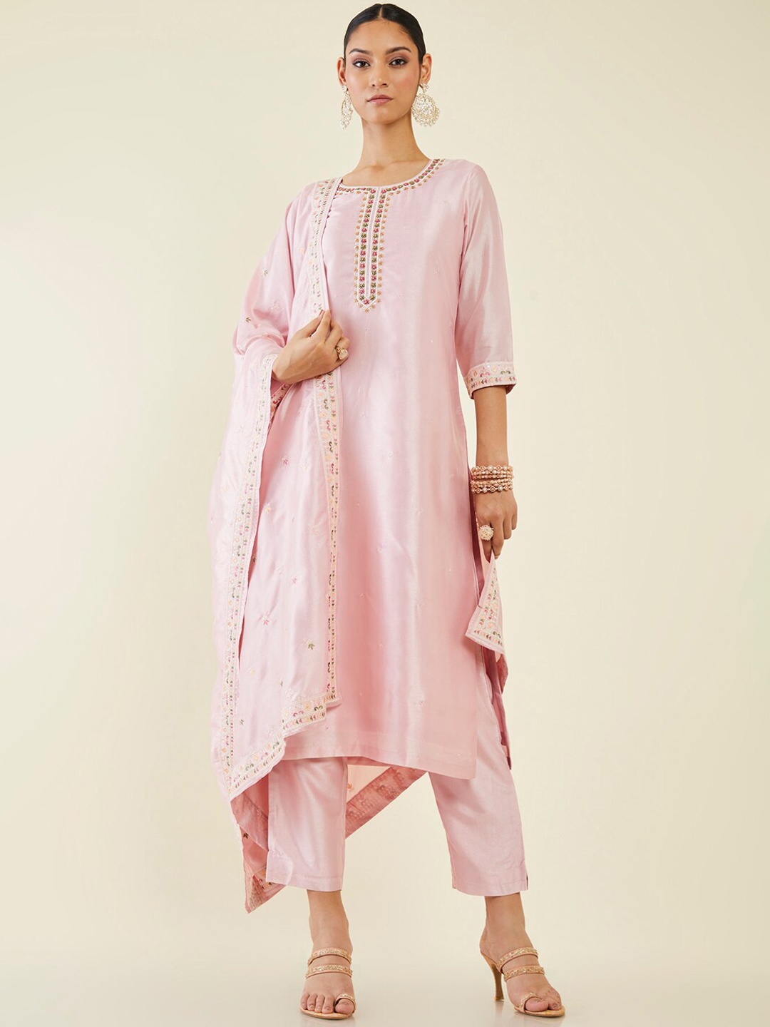 

Soch Floral Embroidered Straight Kurta with Trousers & Dupatta, Pink