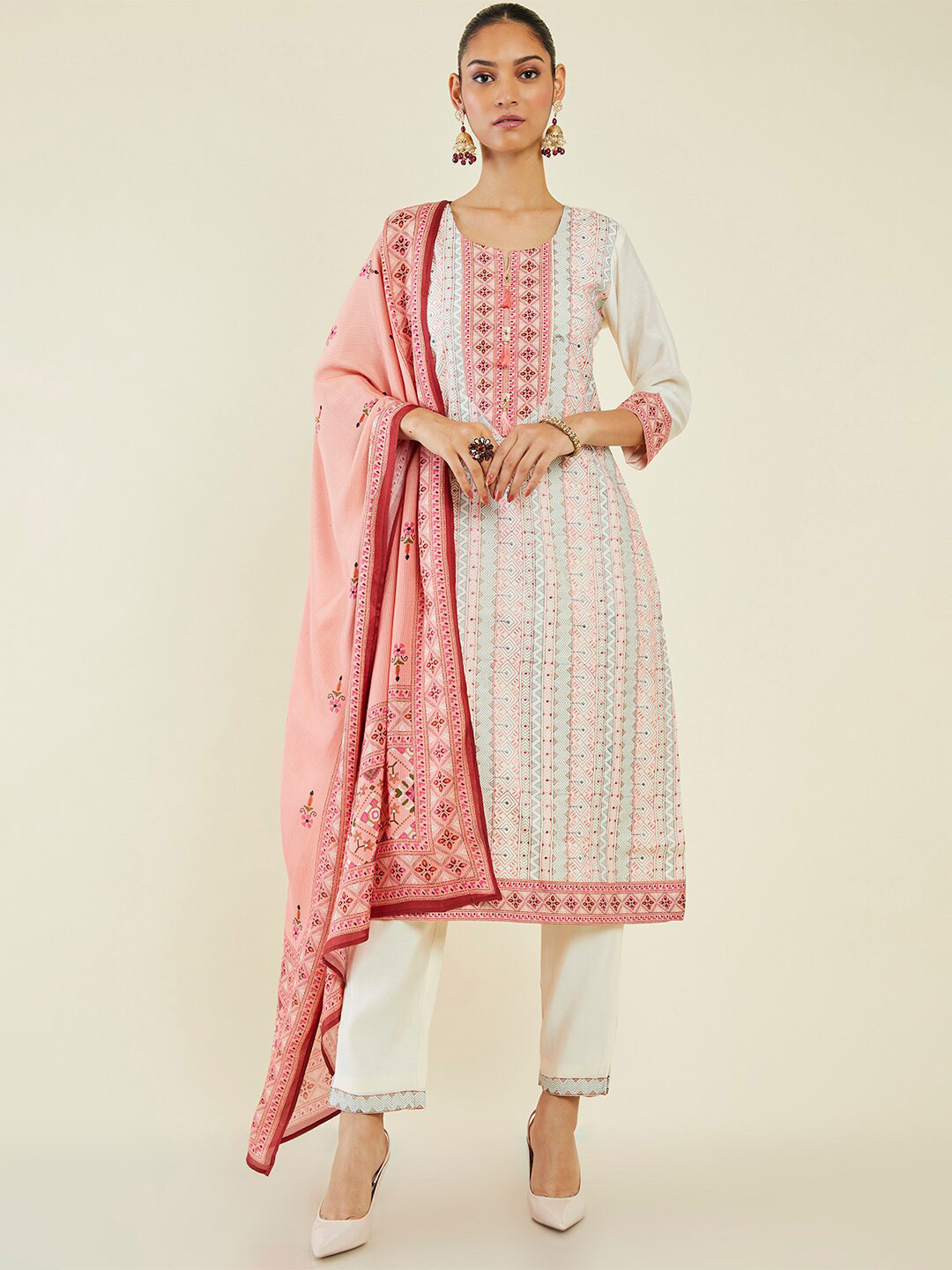 

Soch Printed Straight Kurta with Trousers & Dupatta, Off white