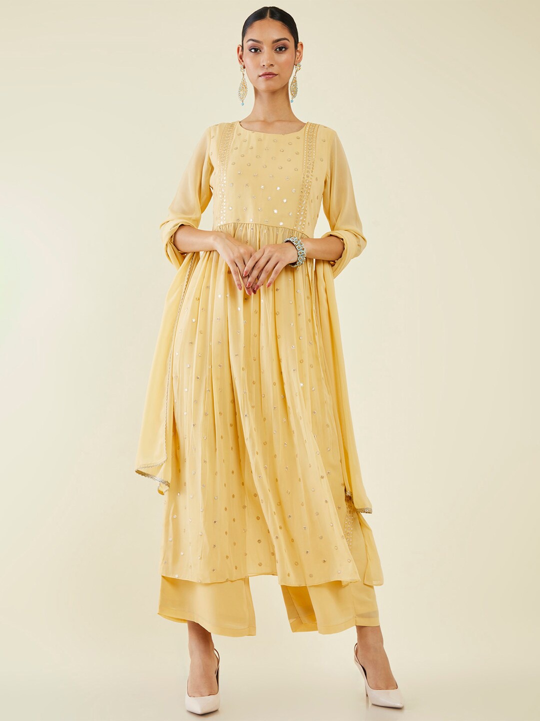 

Soch Sequin Embroidered Pleated Kurta with Palazzos & Dupatta, Yellow