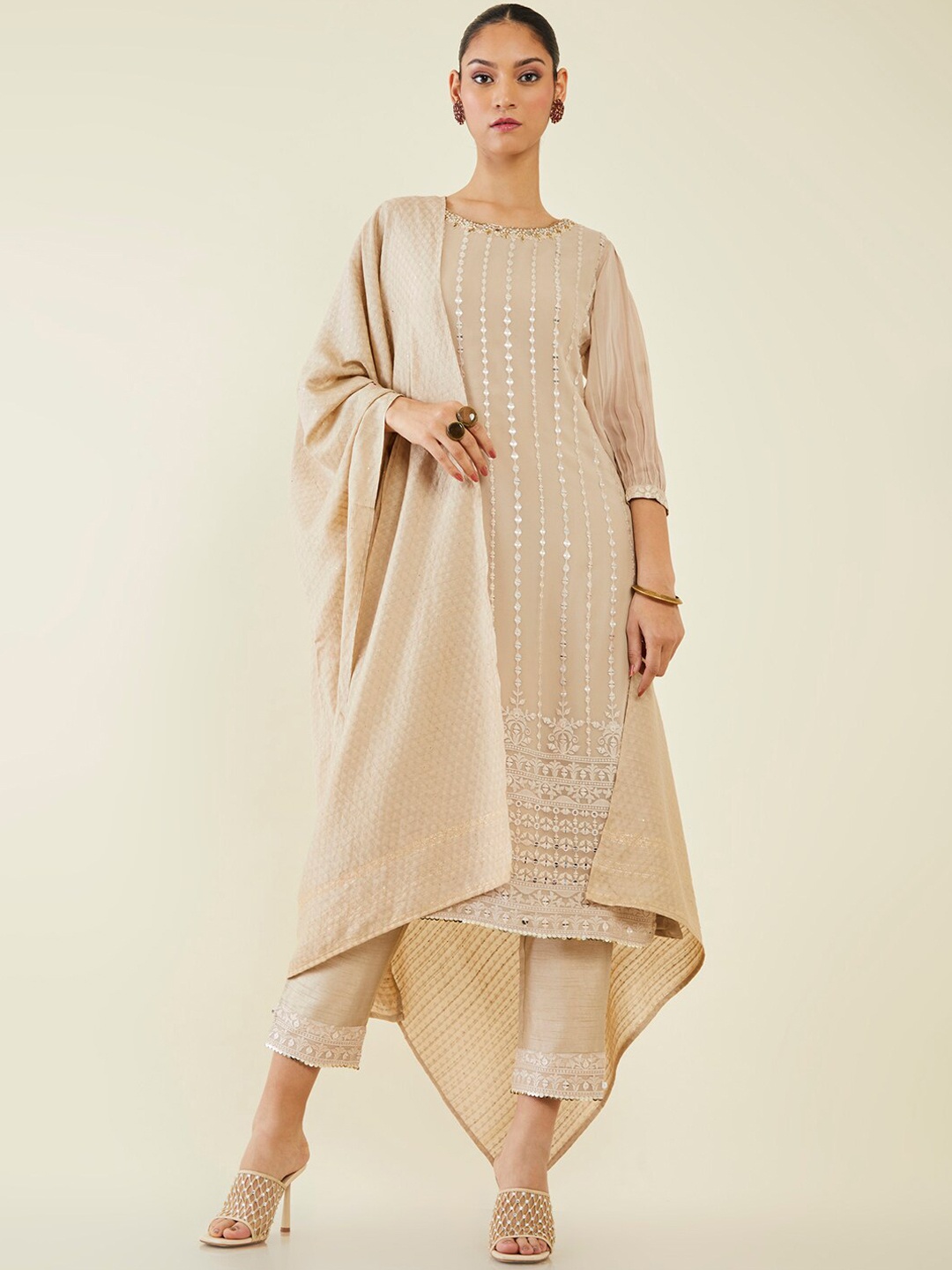

Soch Mirror Work Embroidered Kurta with Trousers & Dupatta, Beige