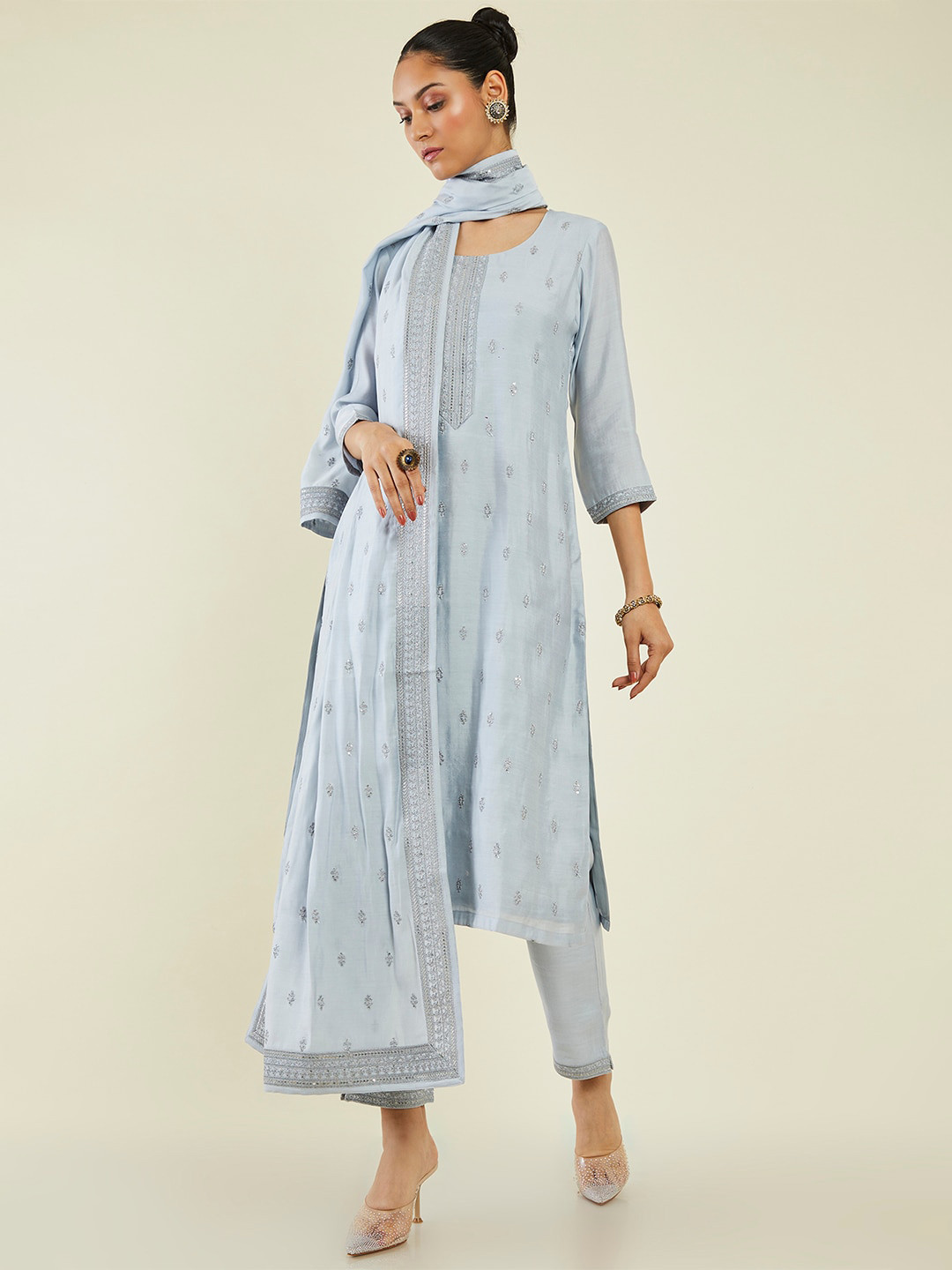 

Soch Floral Embroidered Straight Kurta with Trousers & Dupatta, Grey