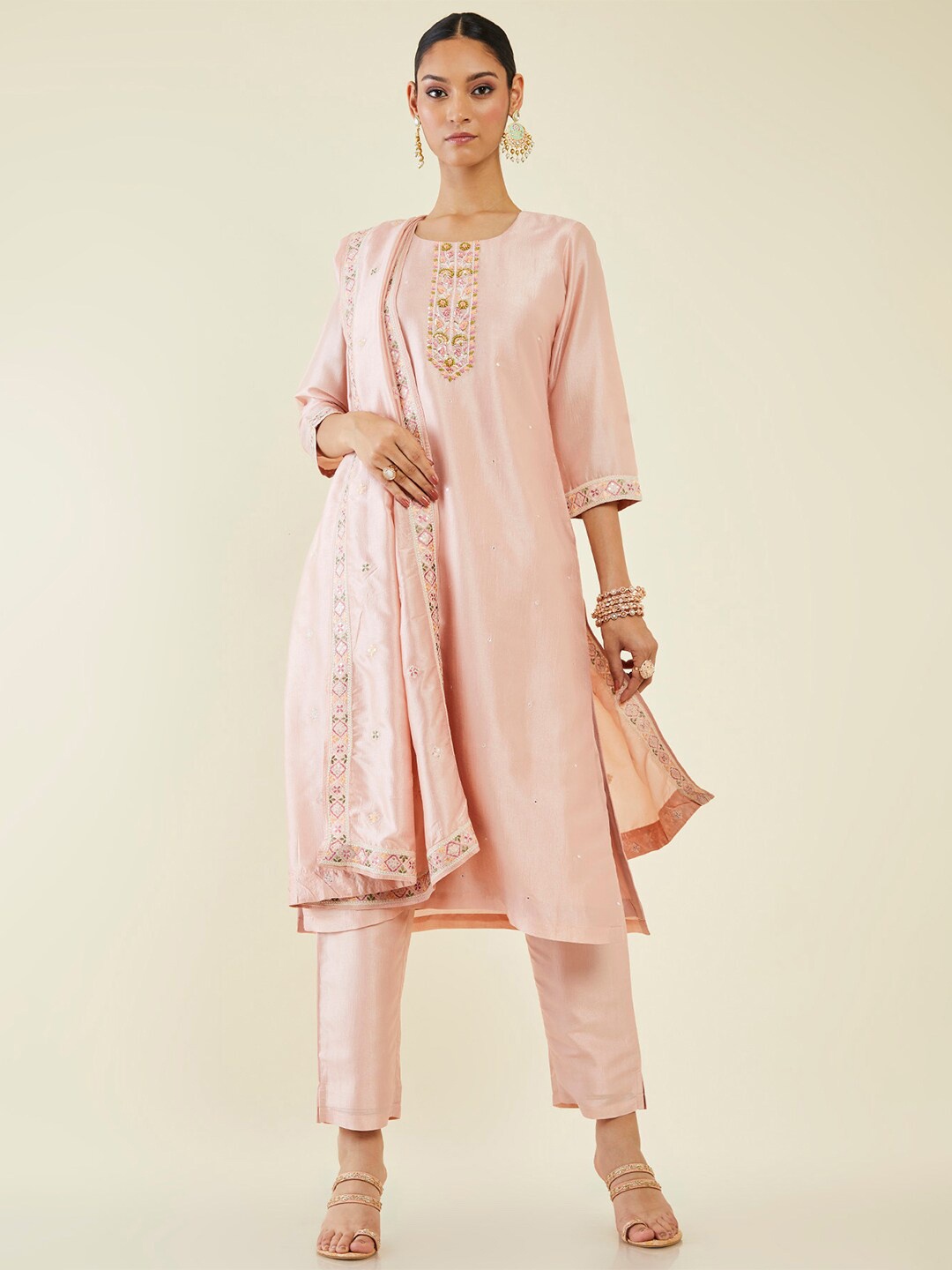 

Soch Floral Embroidered Round Neck Kurta with Trousers & Dupatta, Peach