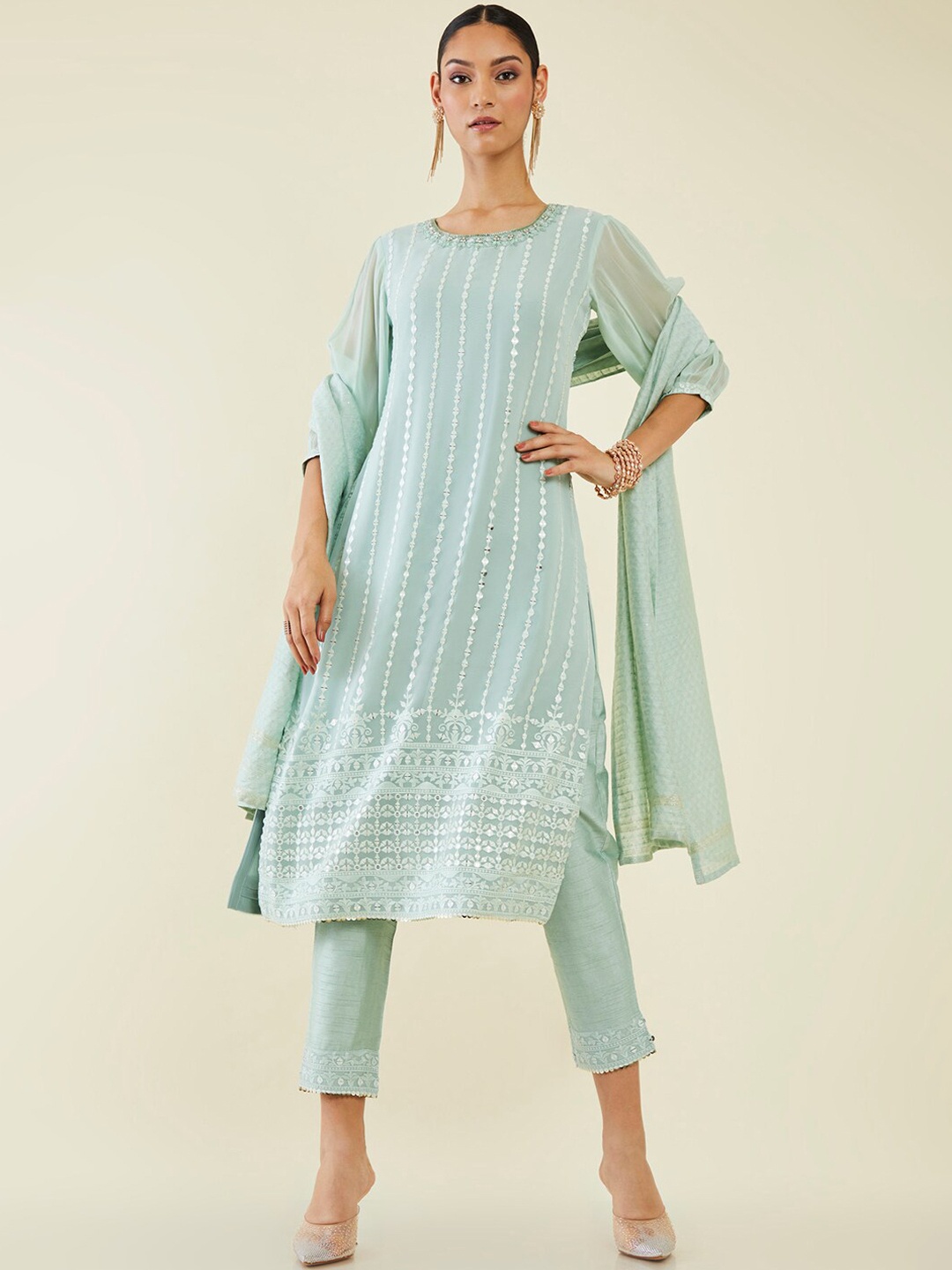 

Soch Floral Embroidered Mirror Work Puff Sleeves Kurta with Trousers & Dupatta, Green