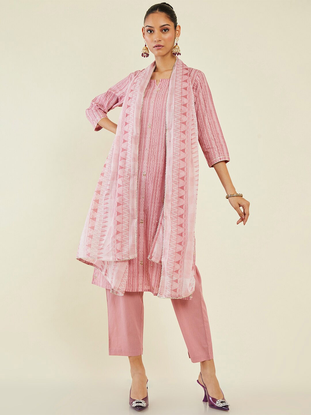Soch Striped Gotta Patti Notched Neck Pure Cotton Kurta with Trousers & Dupatta, Coral
