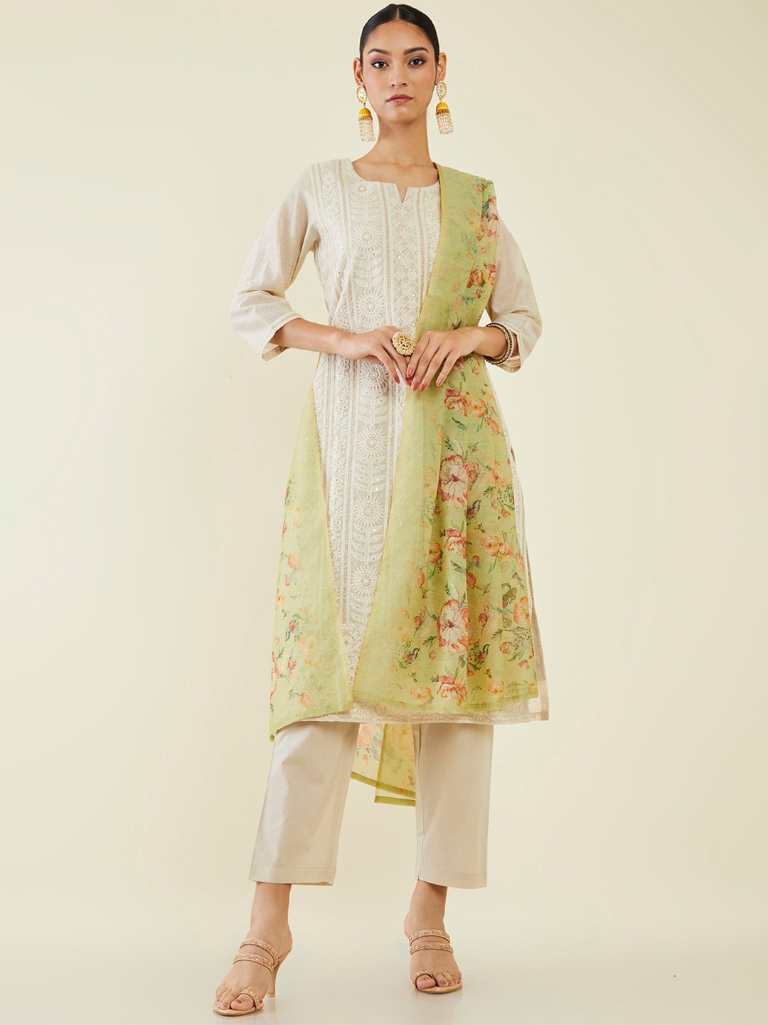 

Soch Floral Embroidered Chikankari Chanderi Cotton Kurta with Trousers & Dupatta, Beige