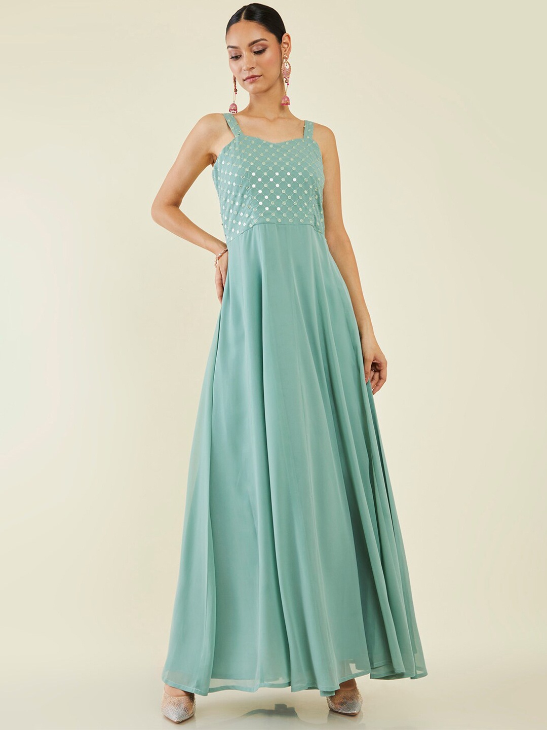 

Soch Embellished Sequinned Layered Kurta with Churidar & Dupatta Comes With Longline Shrug, Green