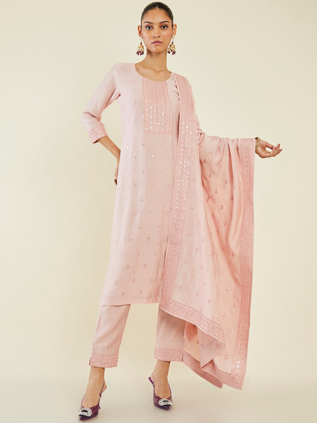 

Soch Ethnic Motifs Embroidered Sequinned Round Neck Kurta with Trousers & Dupatta, Peach