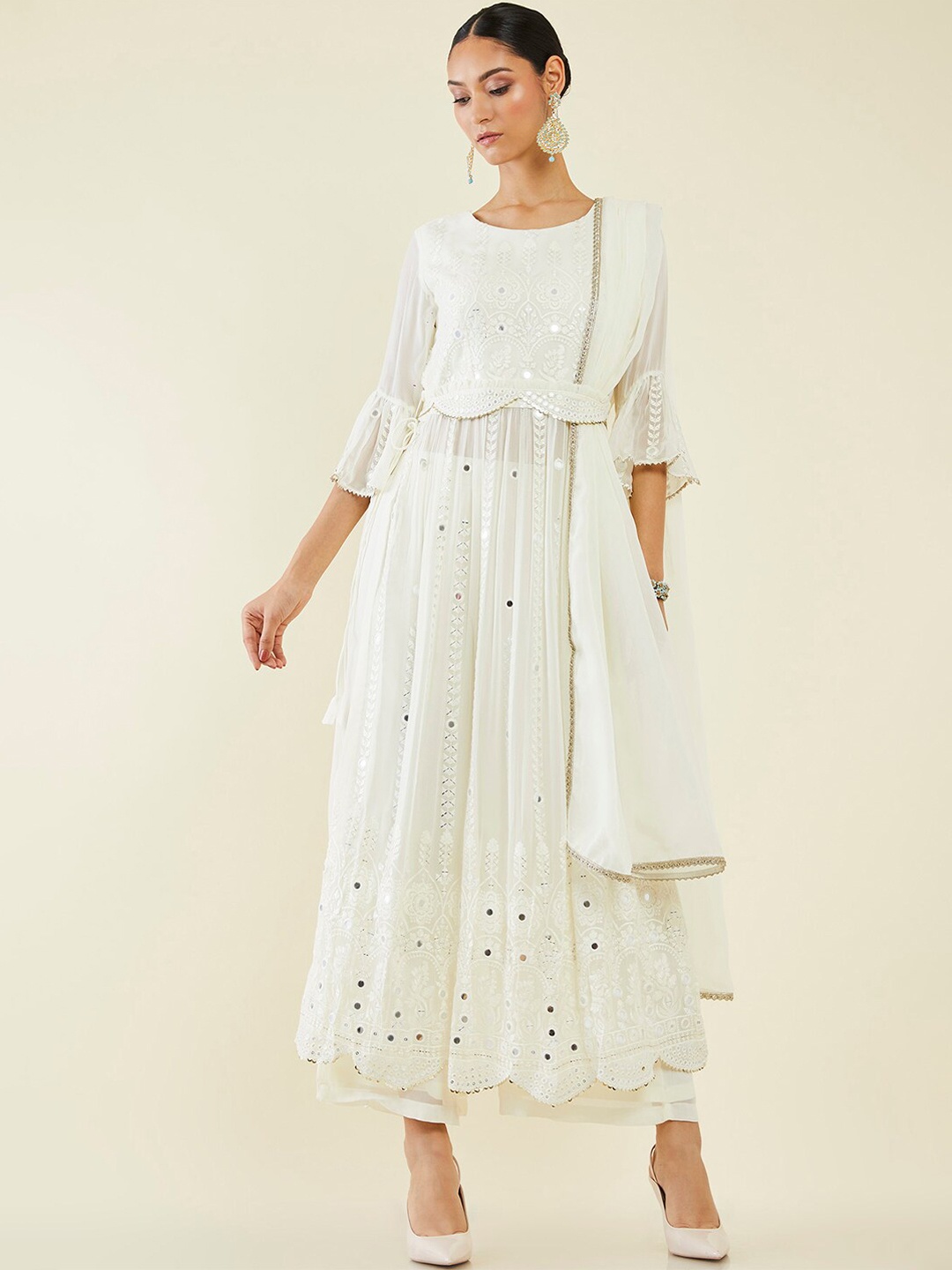 

Soch Floral Embroidered Mirror Work White Romance Kurta with Palazzos & Dupatta, Off white