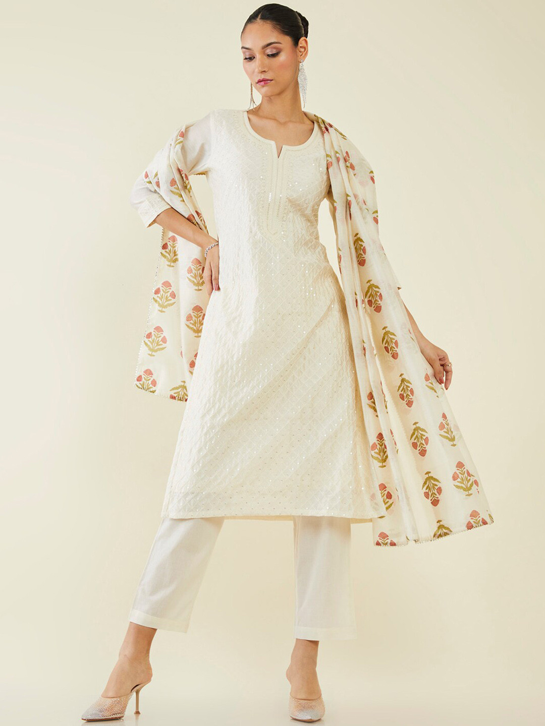

Soch Checked Embroidered Chikankari Chanderi Cotton Kurta with Trousers & Dupatta, Cream