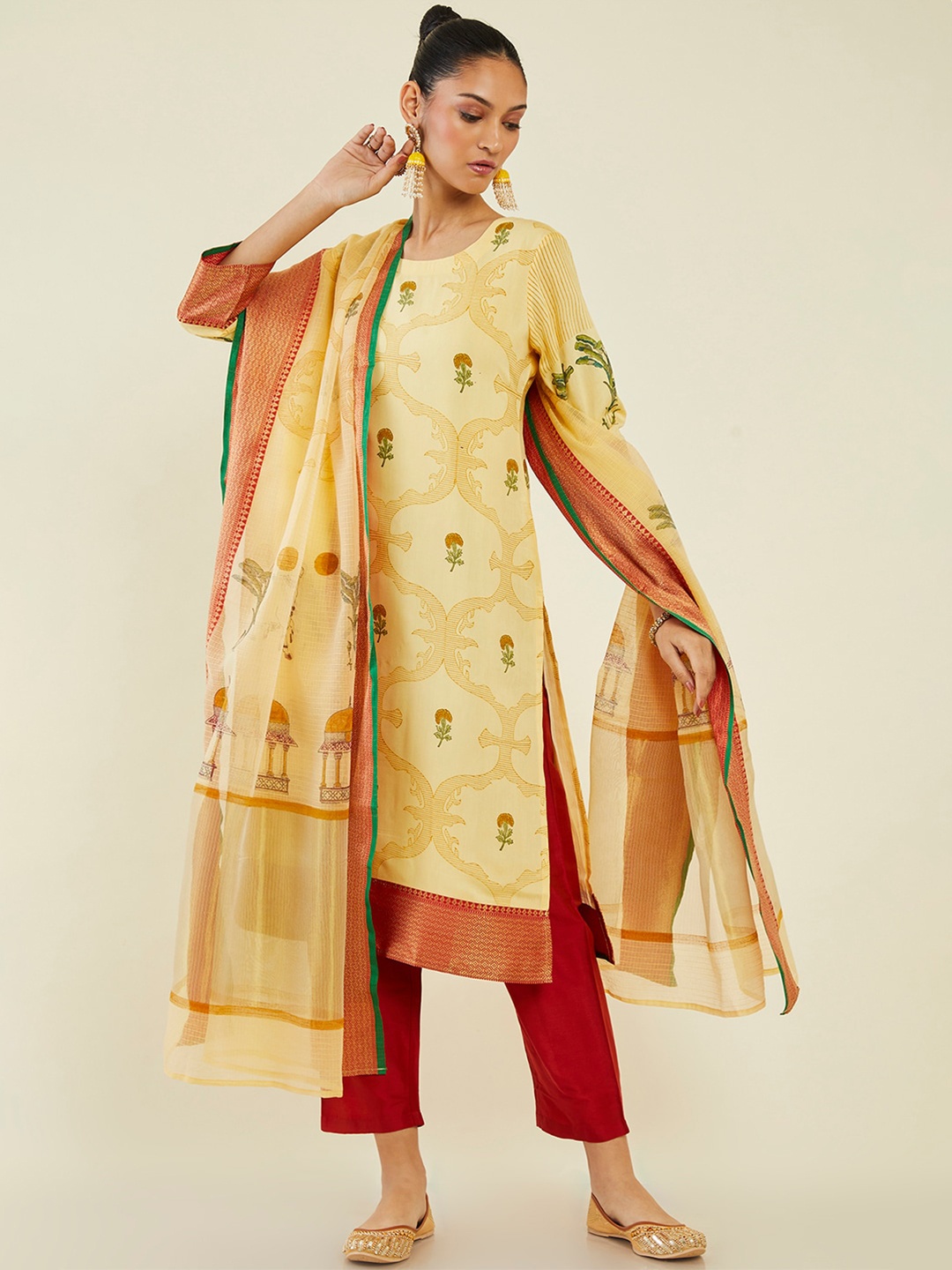 

Soch Ethnic Motifs Printed Round Neck Kurta with Trousers & Dupatta, Yellow