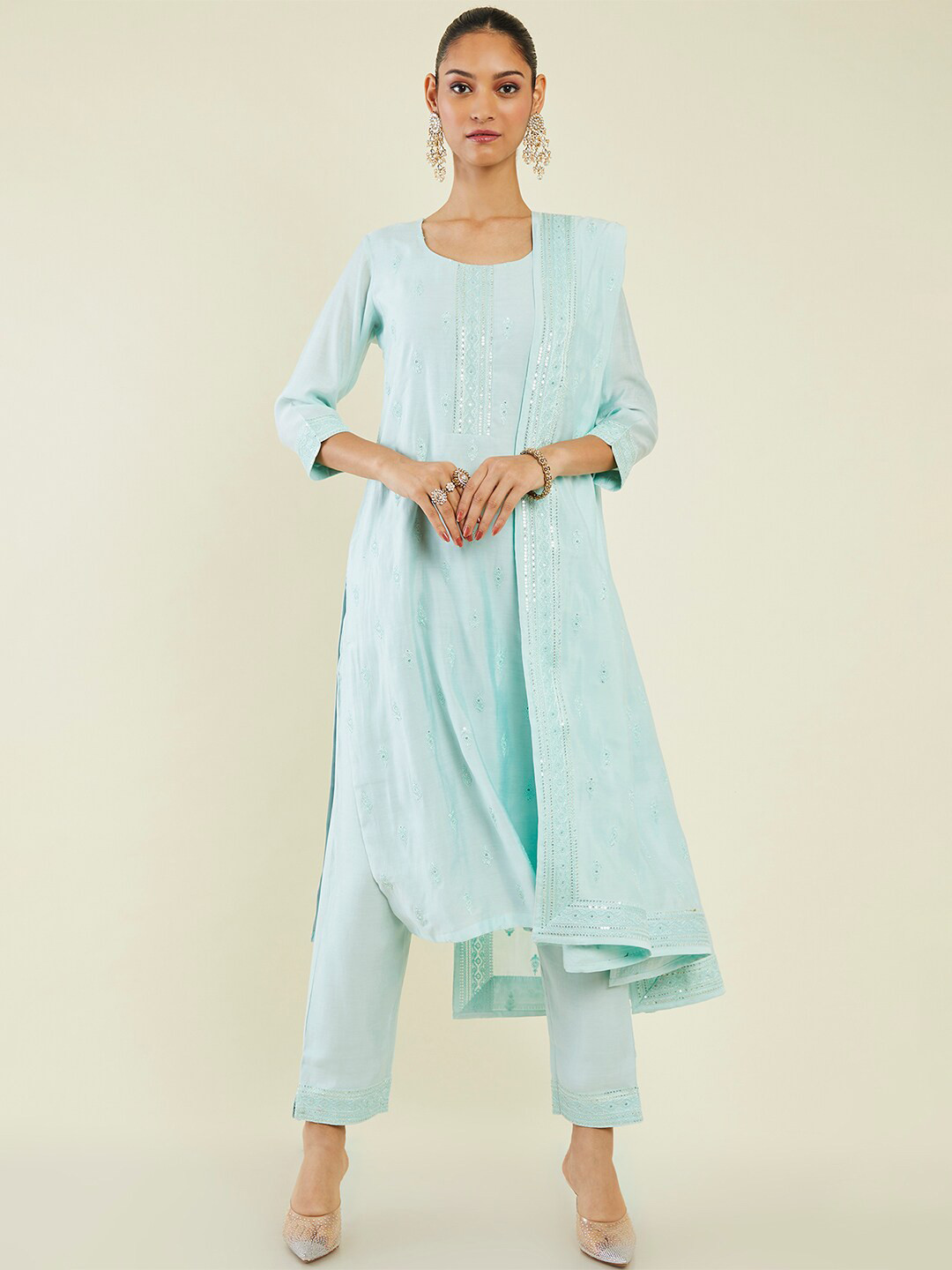 

Soch Ethnic Motifs Embroidered Sequinned Round Neck Kurta with Trousers & Dupatta, Blue
