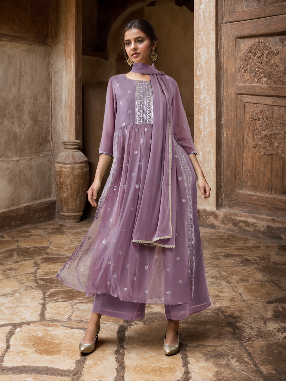 

Soch Floral Embroidered High Slit Sequinned Kurta with Palazzos & Dupatta, Purple