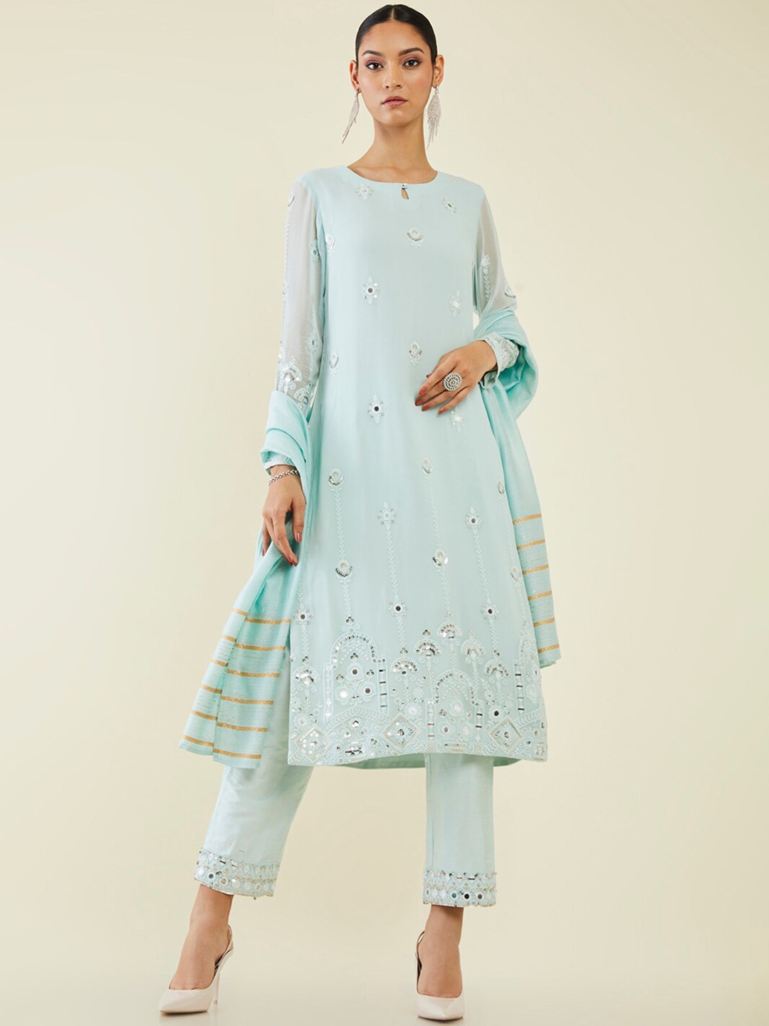 

Soch Floral Embroidered Mirror Work Kurta with Trousers & With Dupatta, Blue