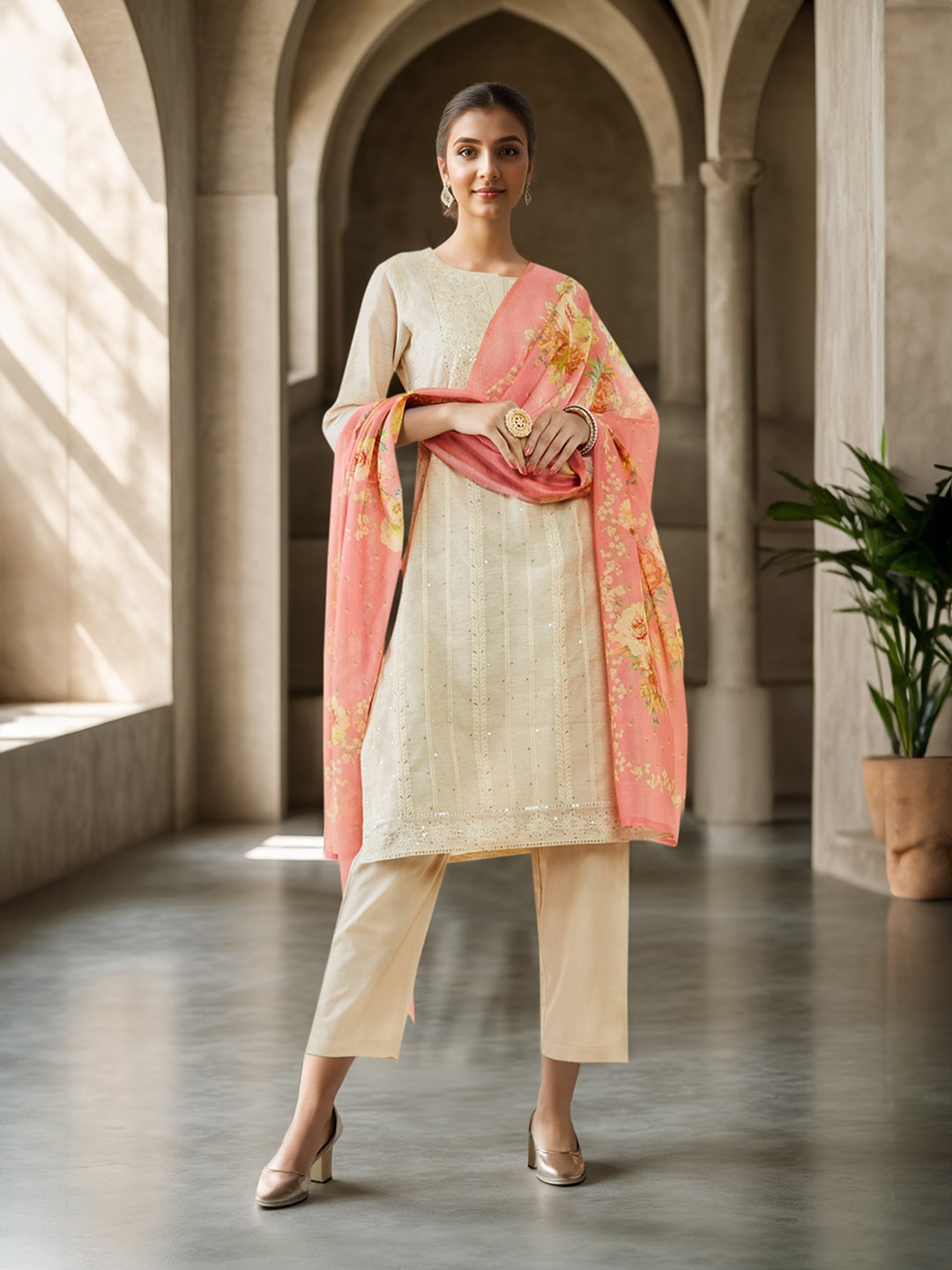 

Soch Floral Embroidered Chikankari Chanderi Cotton Kurta with Trousers & With Dupatta, Beige