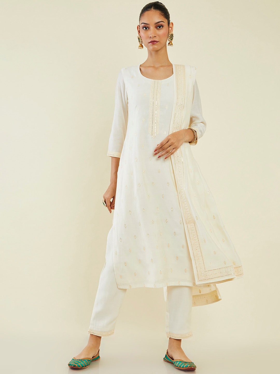 

Soch Women Floral Embroidered Thread Work Kurta with Trousers & Dupatta, Off white