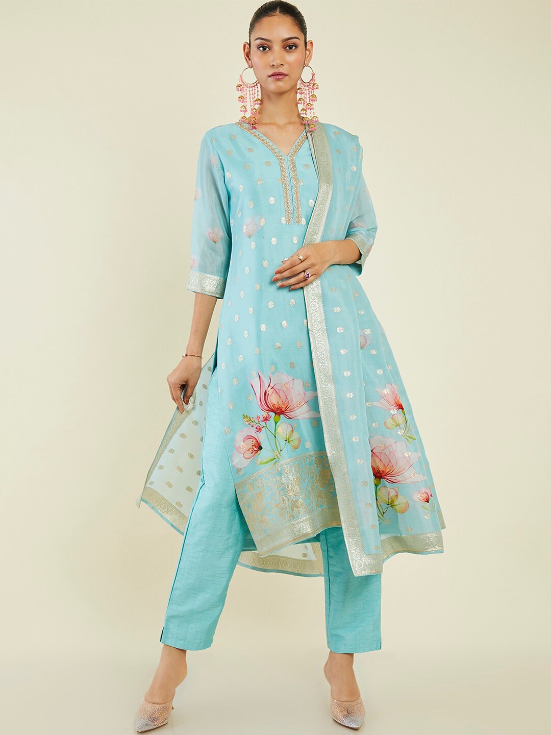 

Soch Women Floral Printed Zardozi Kurta with Trousers & Dupatta, Blue