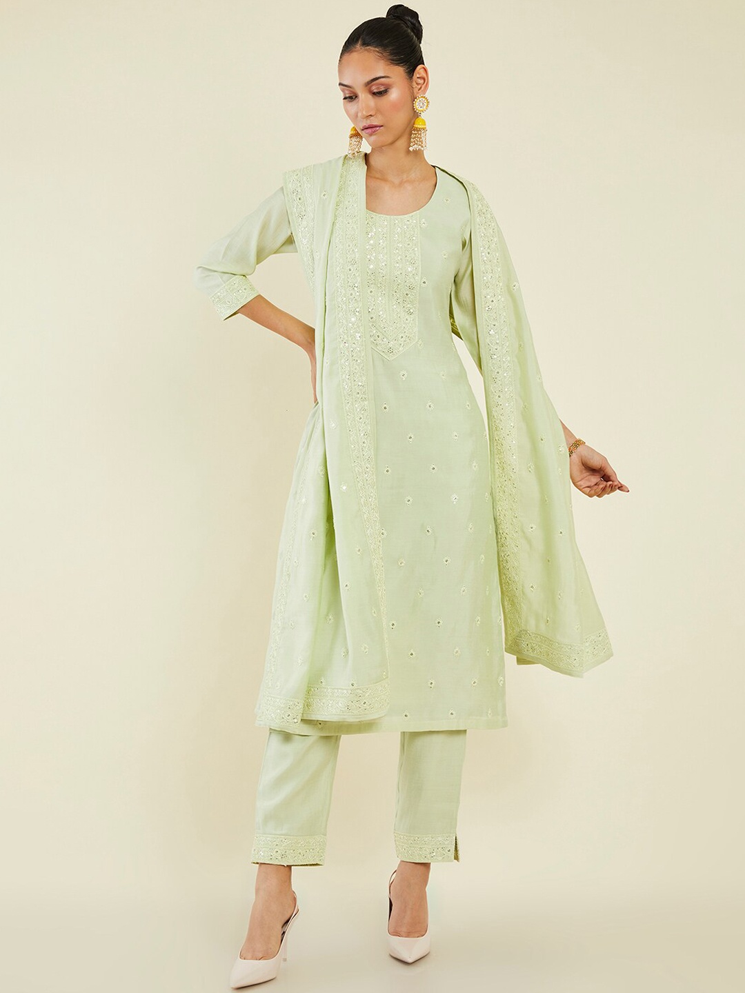 

Soch Women Floral Thread Work Kurta with Trousers & Dupatta, Green