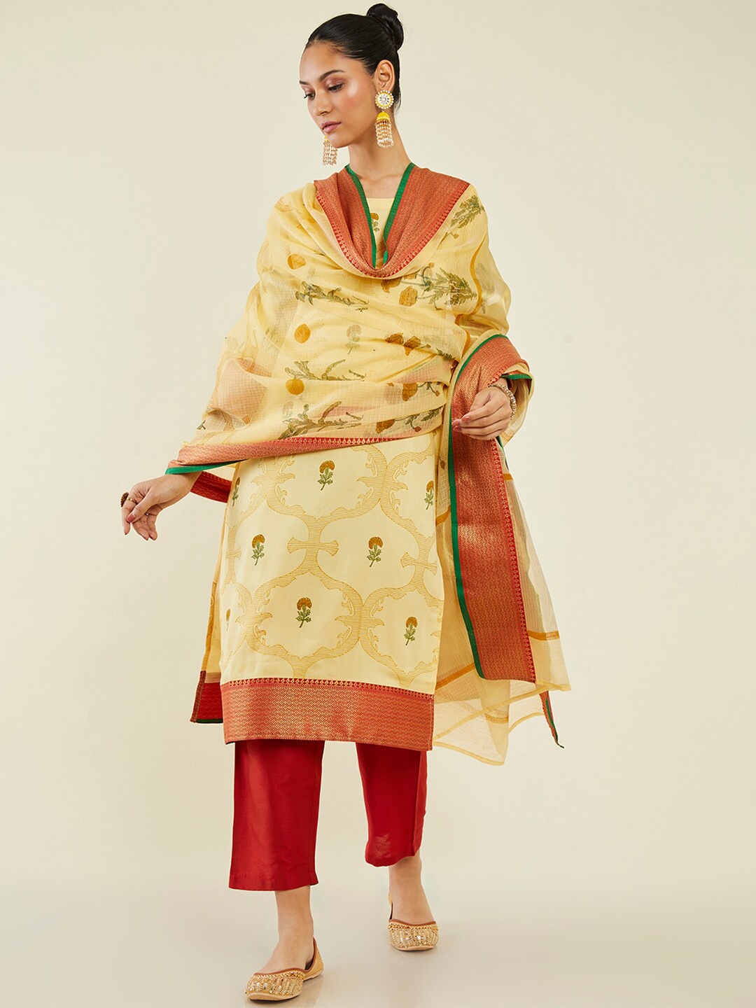 

Soch Women Floral Printed Kurta with Trousers & Dupatta, Yellow