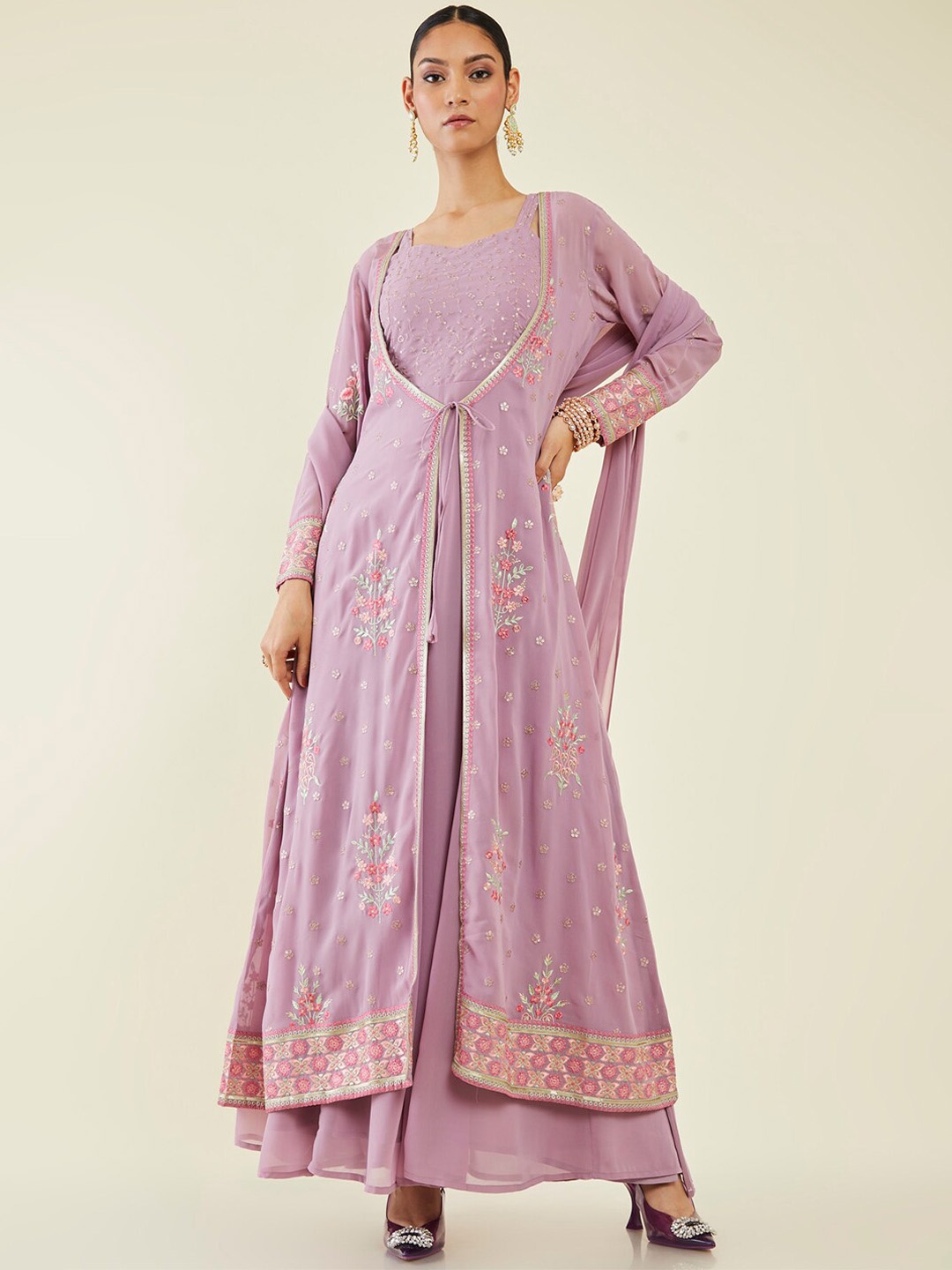 

Soch Women Floral Embroidered Layered Thread Work Kurta with Churidar & Dupatta, Purple