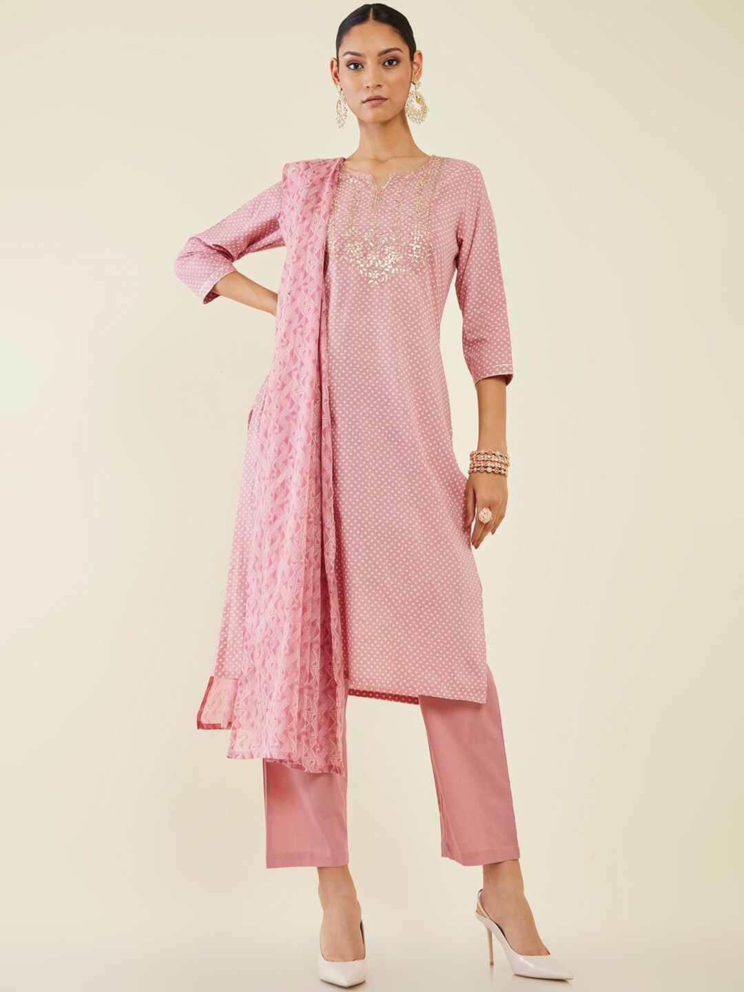 

Soch Women Printed Gotta Patti Pure Cotton Kurta with Trousers & Dupatta, Pink