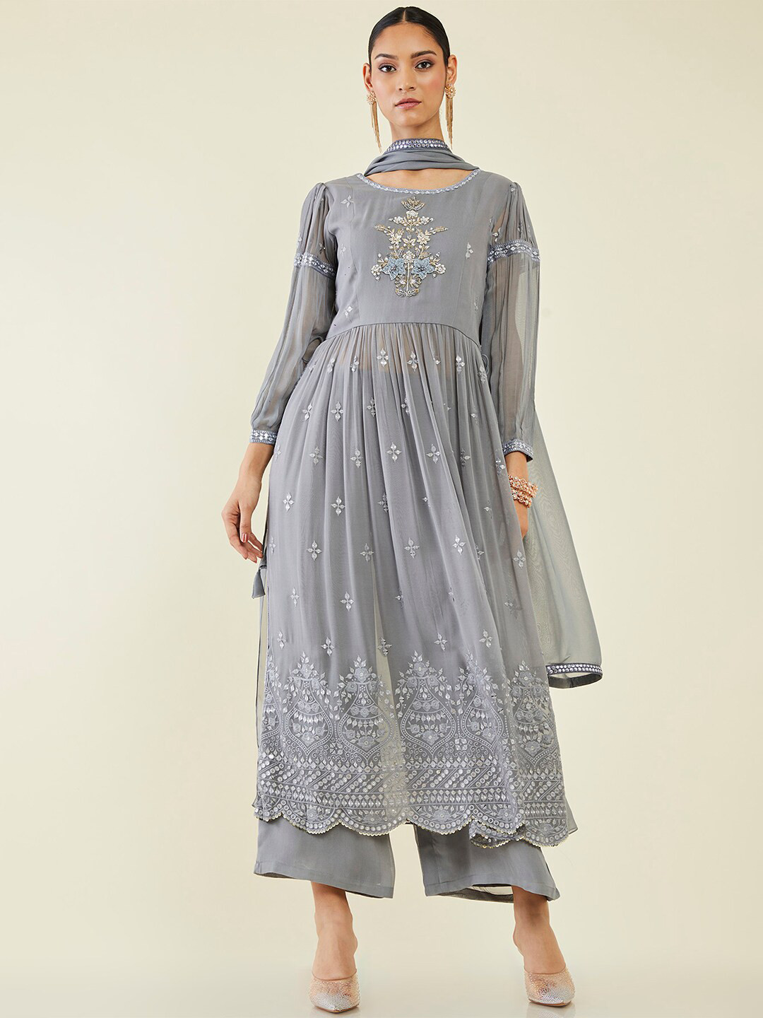 

Soch Women Floral Embroidered High Slit Mirror Work Kurta with Palazzos & Dupatta, Grey