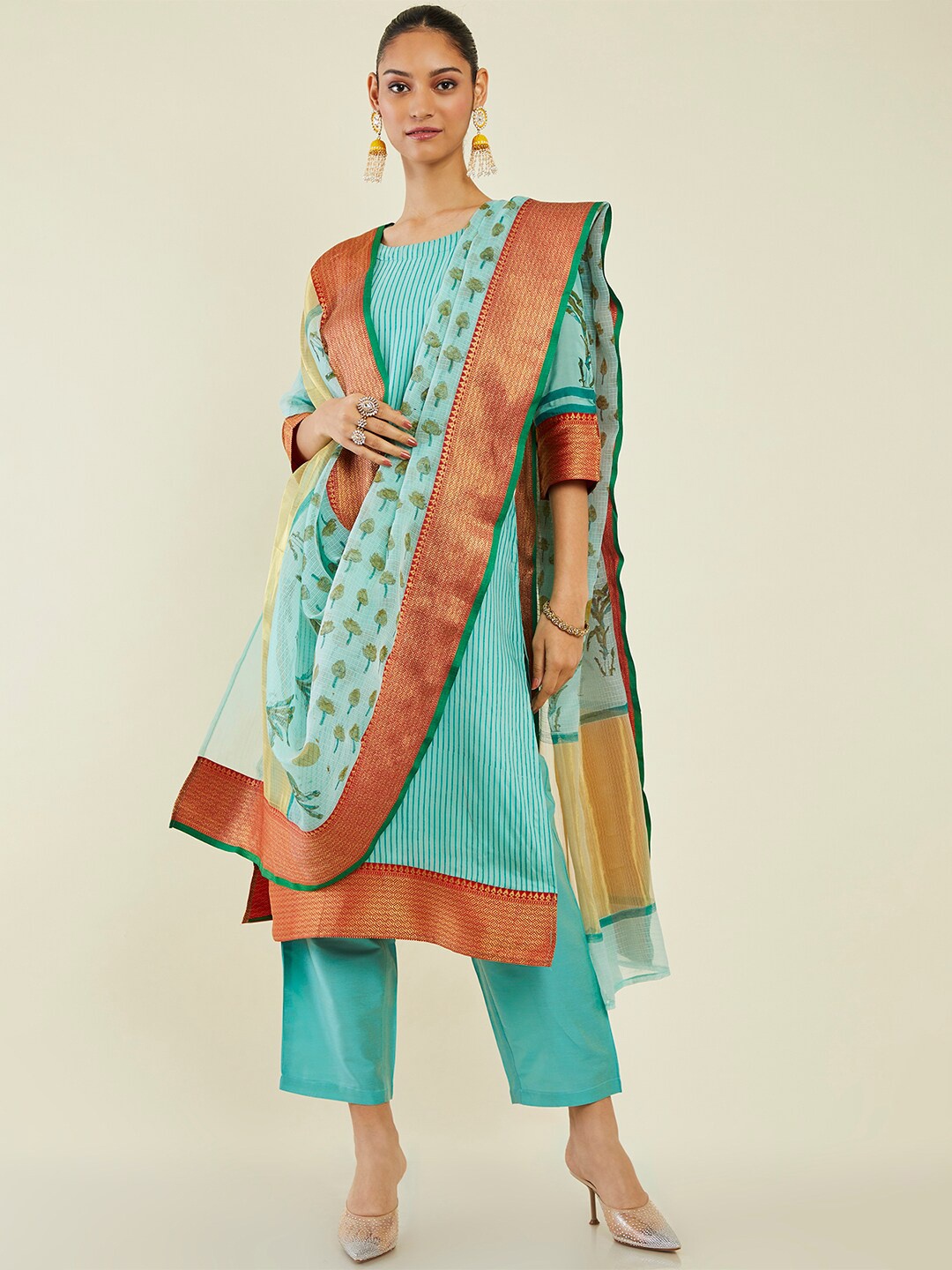 

Soch Striped Kurta with Trousers & Dupatta, Turquoise blue