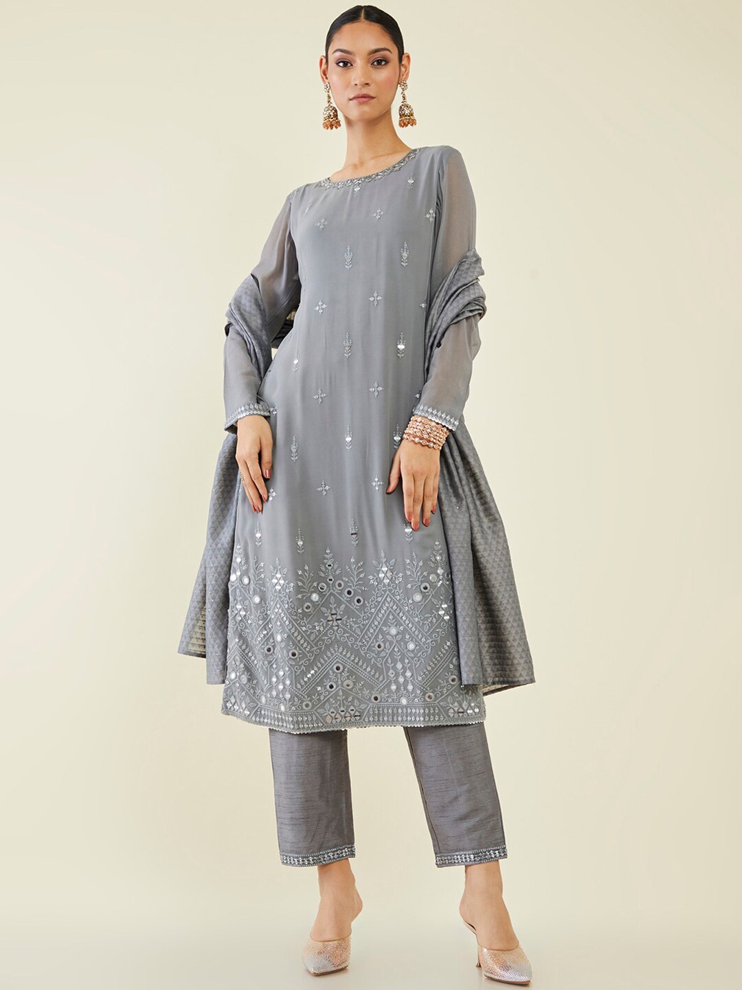 

Soch Women Grey Floral Embroidered Mirror Work Kurta with Trousers & With Dupatta