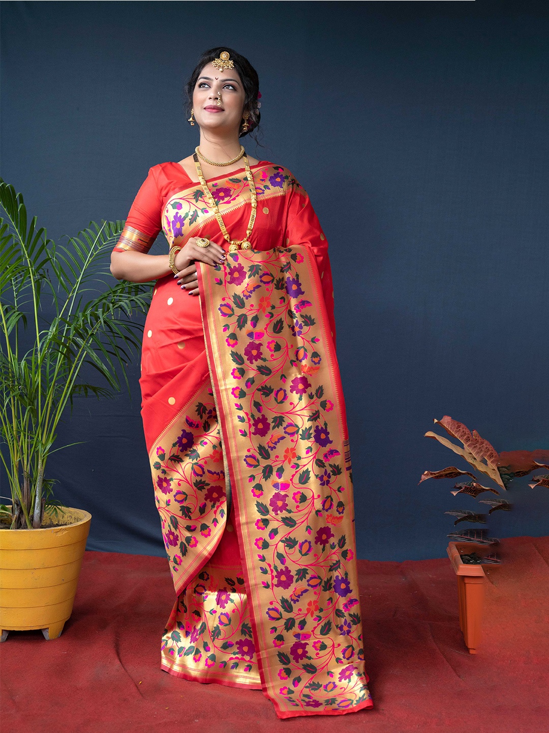 

Anaita Floral Design Zari Pure Silk Paithani Saree, Red