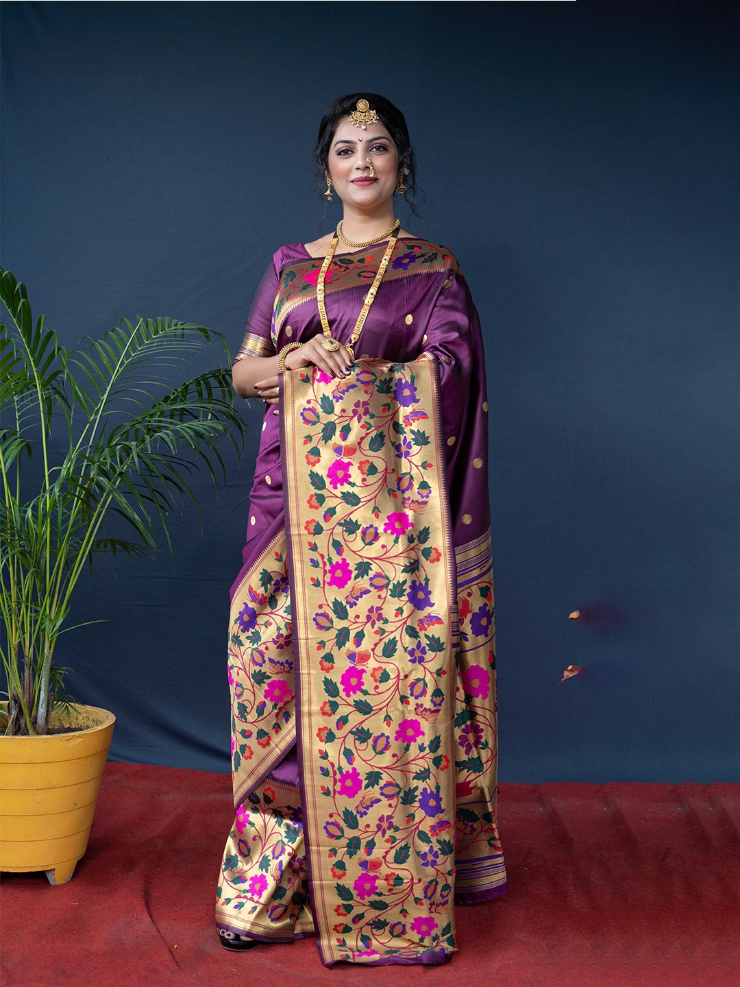 

Anaita Polka Dot Woven Design Zari Pure Silk Paithani Saree, Purple
