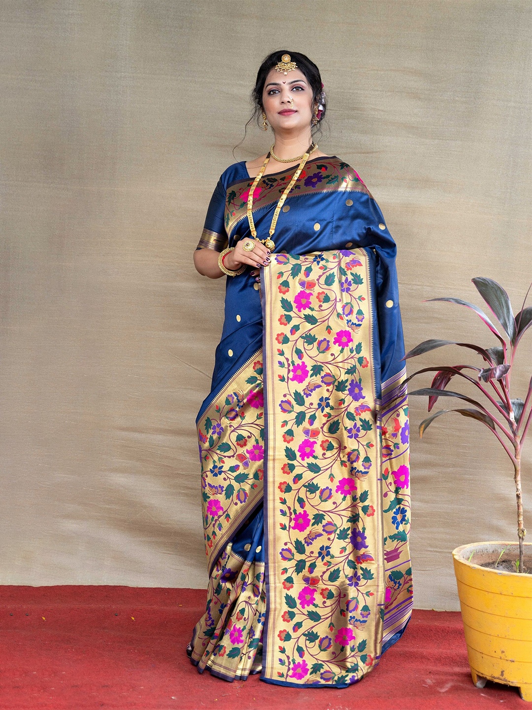 

Anaita Polka Dots Woven Design Zari Pure Silk Paithani Saree, Navy blue