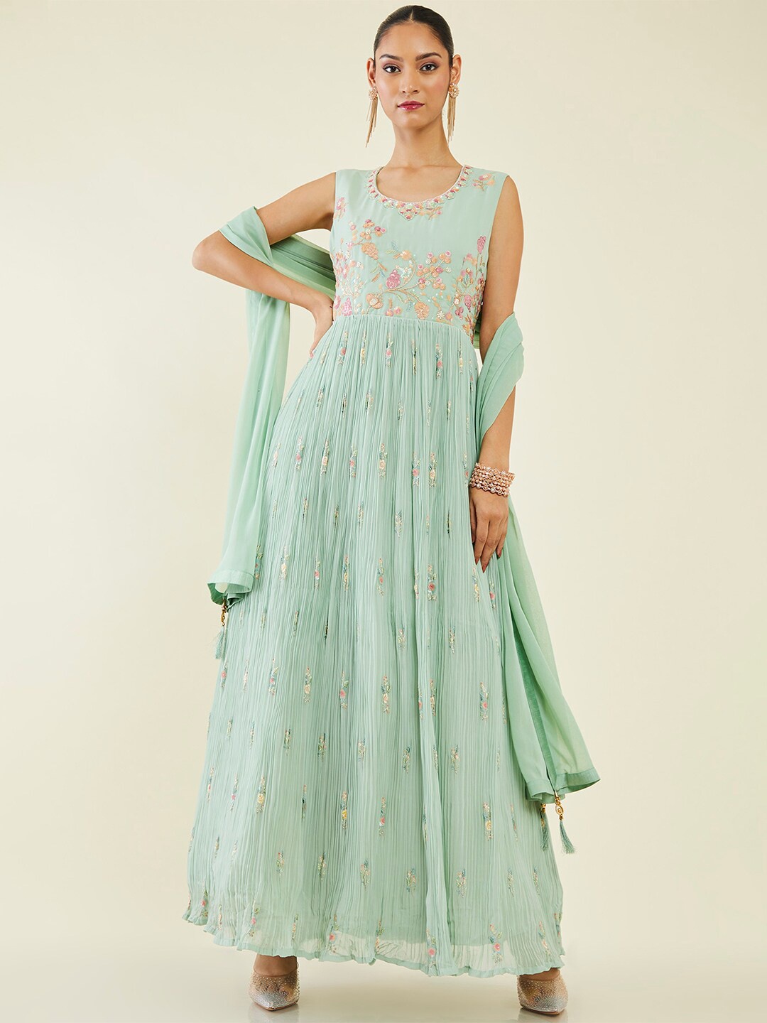 

Soch Floral Embroidered Georgette Kurta With Trousers & Dupatta, Green