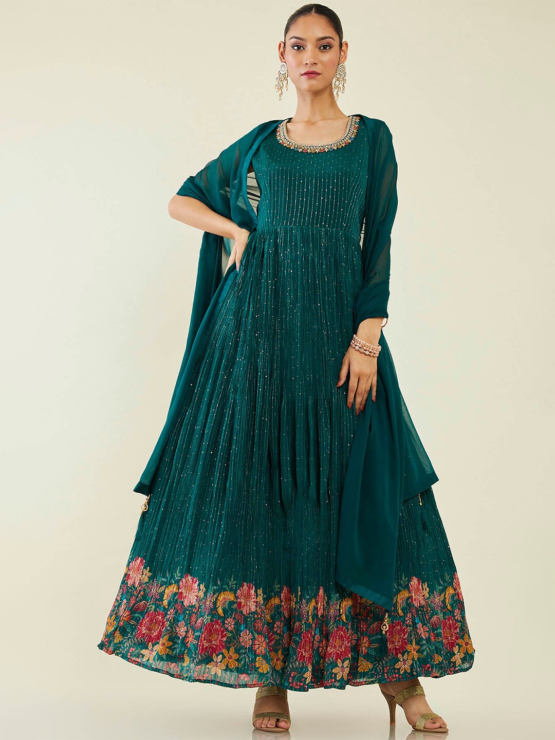 

Soch Floral Printed Sequined Georgette Kurta With Trousers & Dupatta, Green