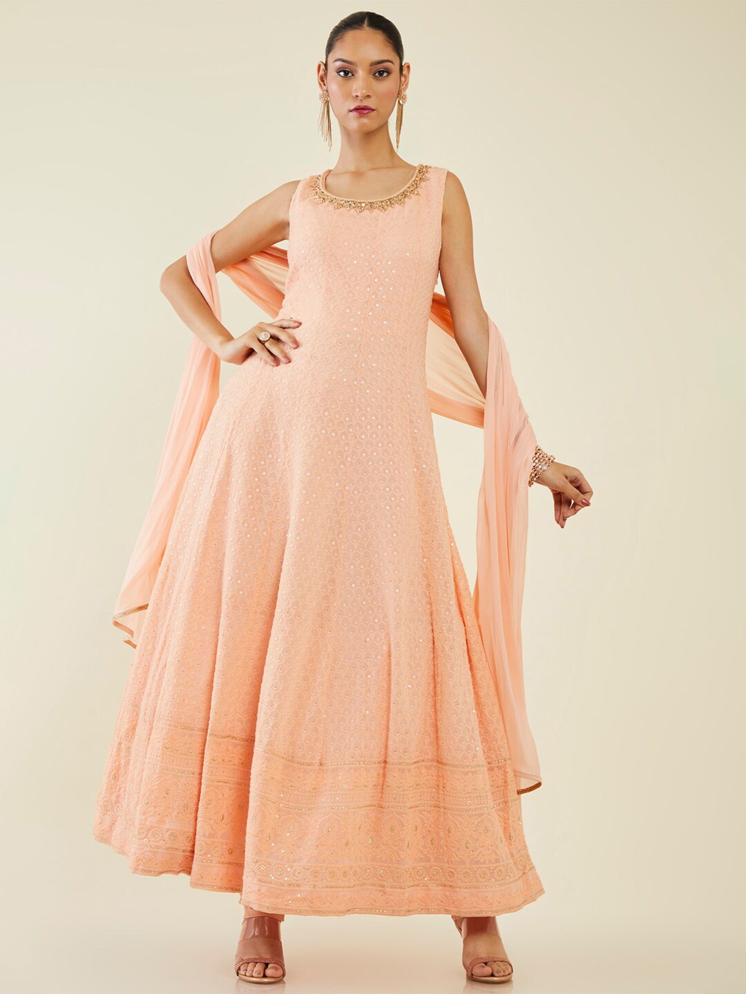 

Soch Embroidered Georgette Anarkali Kurta with Churidar & with Dupatta, Peach