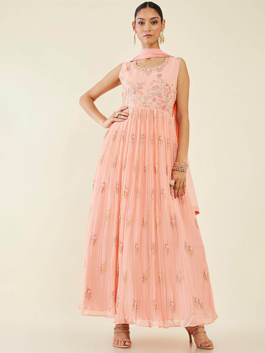 

Soch Floral Embroidered Sleeveless A-Line Kurta With Churidar & Dupatta, Peach