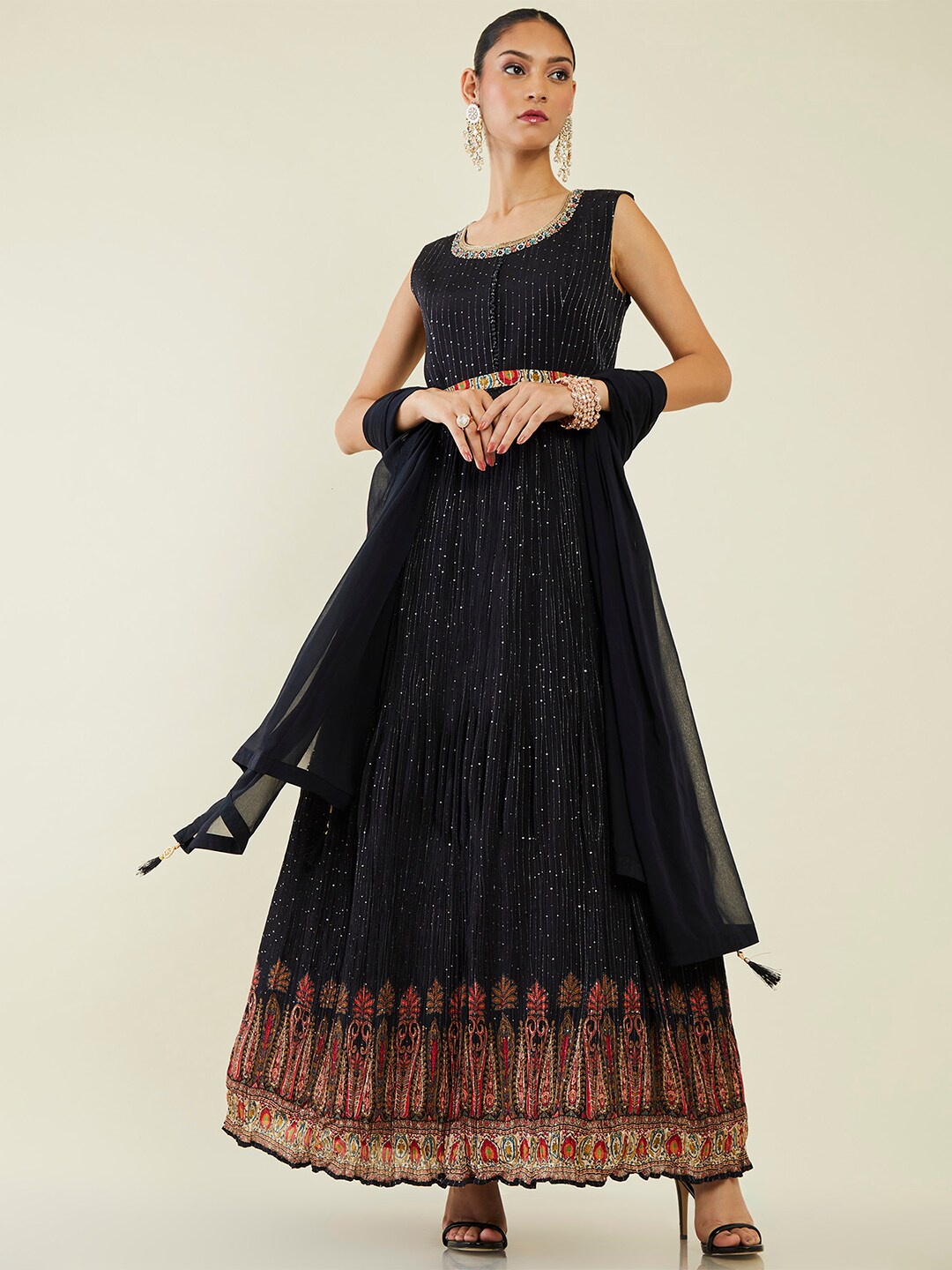 

Soch Sequined Embellished Embroidered Anarkali Kurta with Churidar & Dupatta, Black