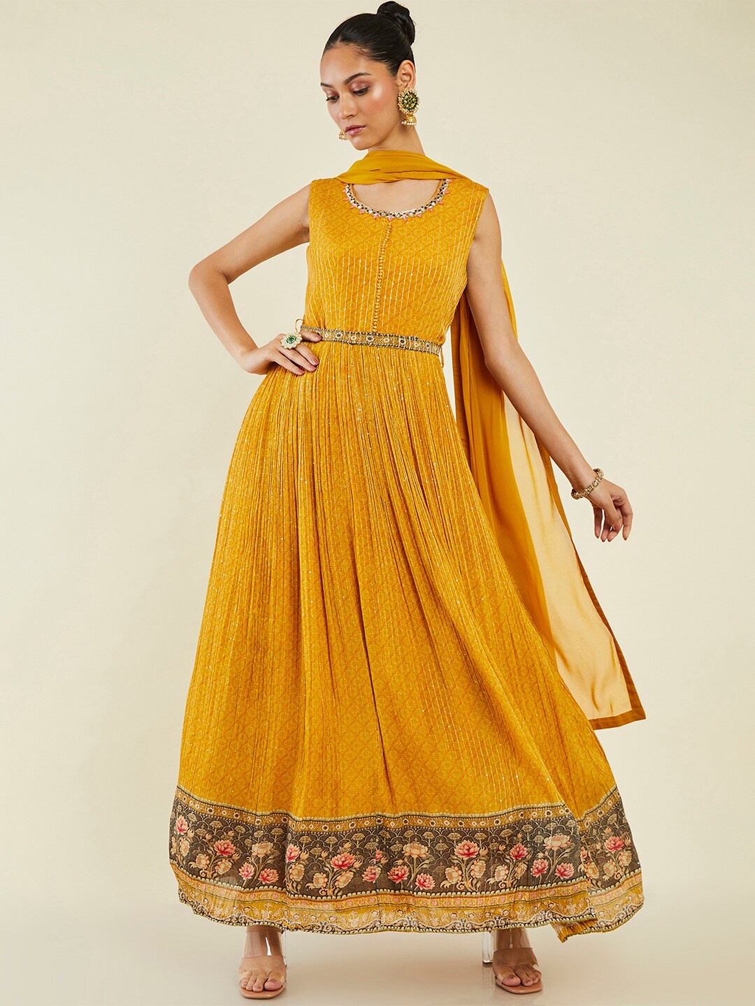 

Soch Embroidered Georgette Anarkali Kurta with Churidar & with Dupatta, Mustard