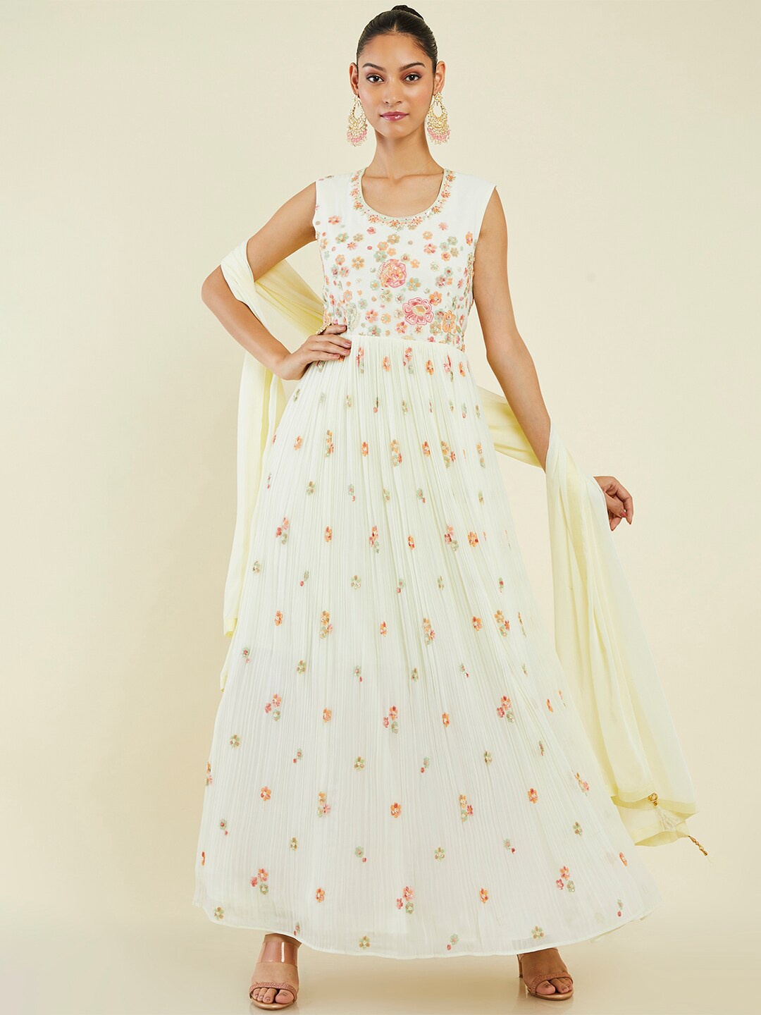 

Soch Floral Embroidered Anarkali Kurta with Churidar & Dupatta, Off white