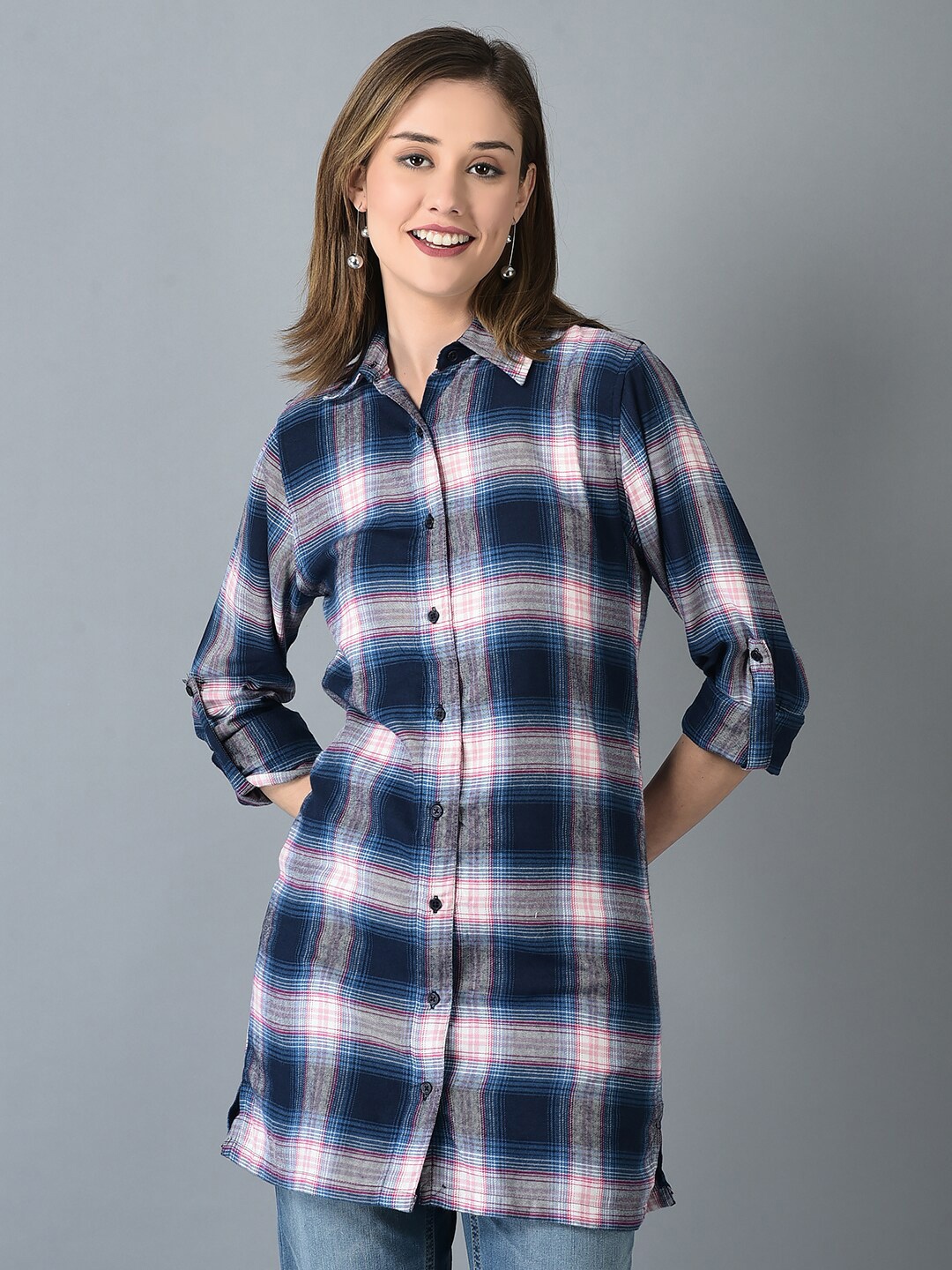 

CANOE Tartan Checked Smart Longline Casual Pure Cotton Shirt, Blue