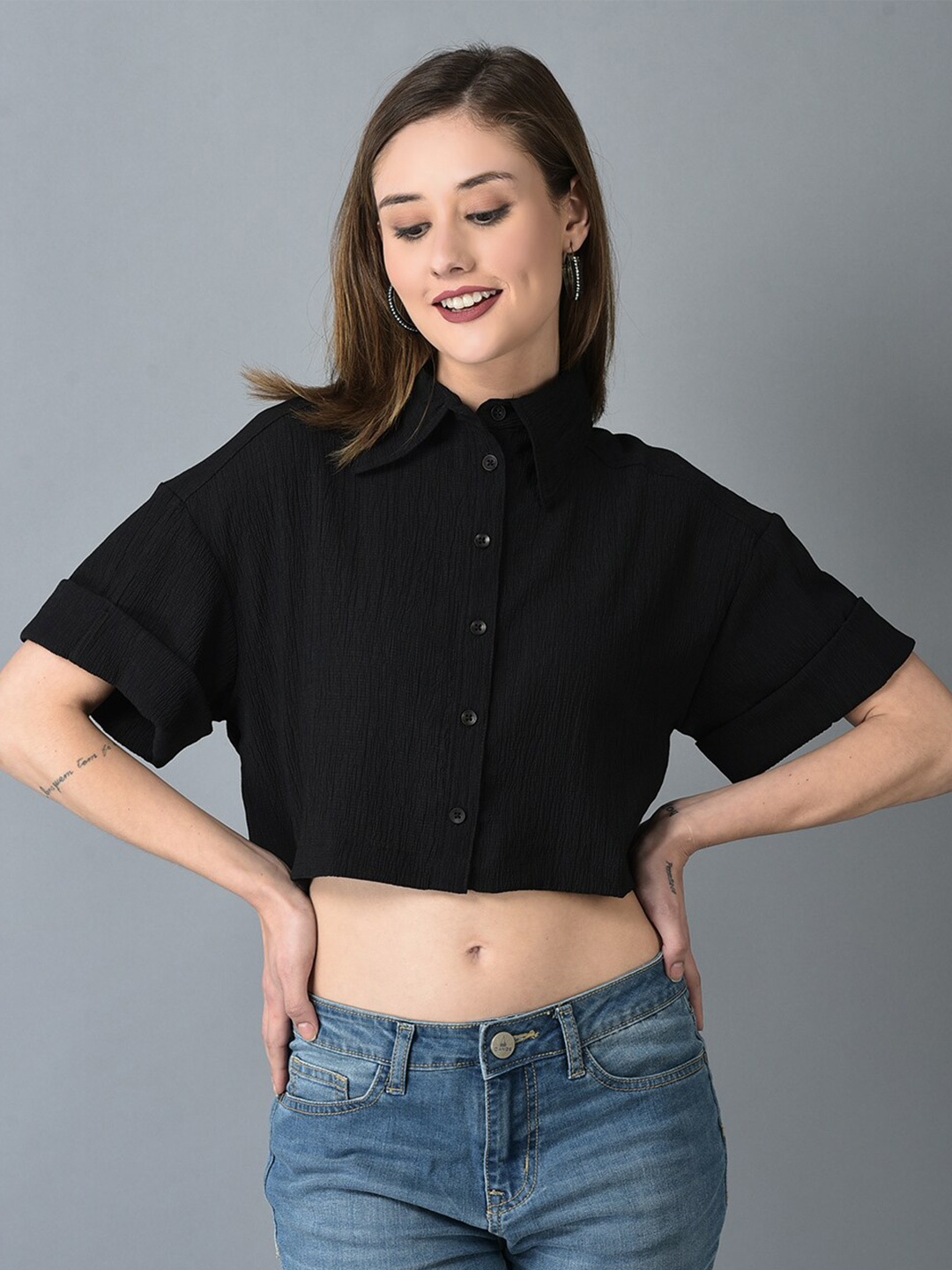 

CANOE Drop-Shoulder Sleeves Modern Casual Shirt, Black